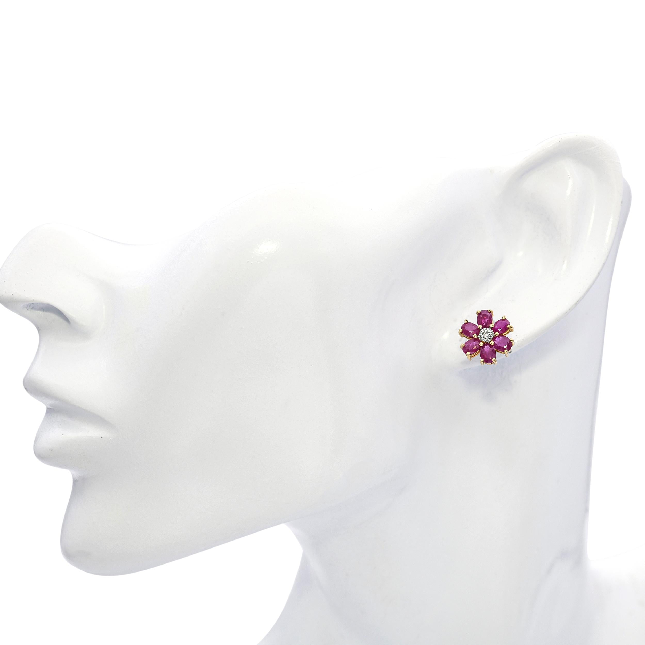 14k Yellow Gold 1.2tcw Ruby and Diamond Flower Motif Stud Earrings