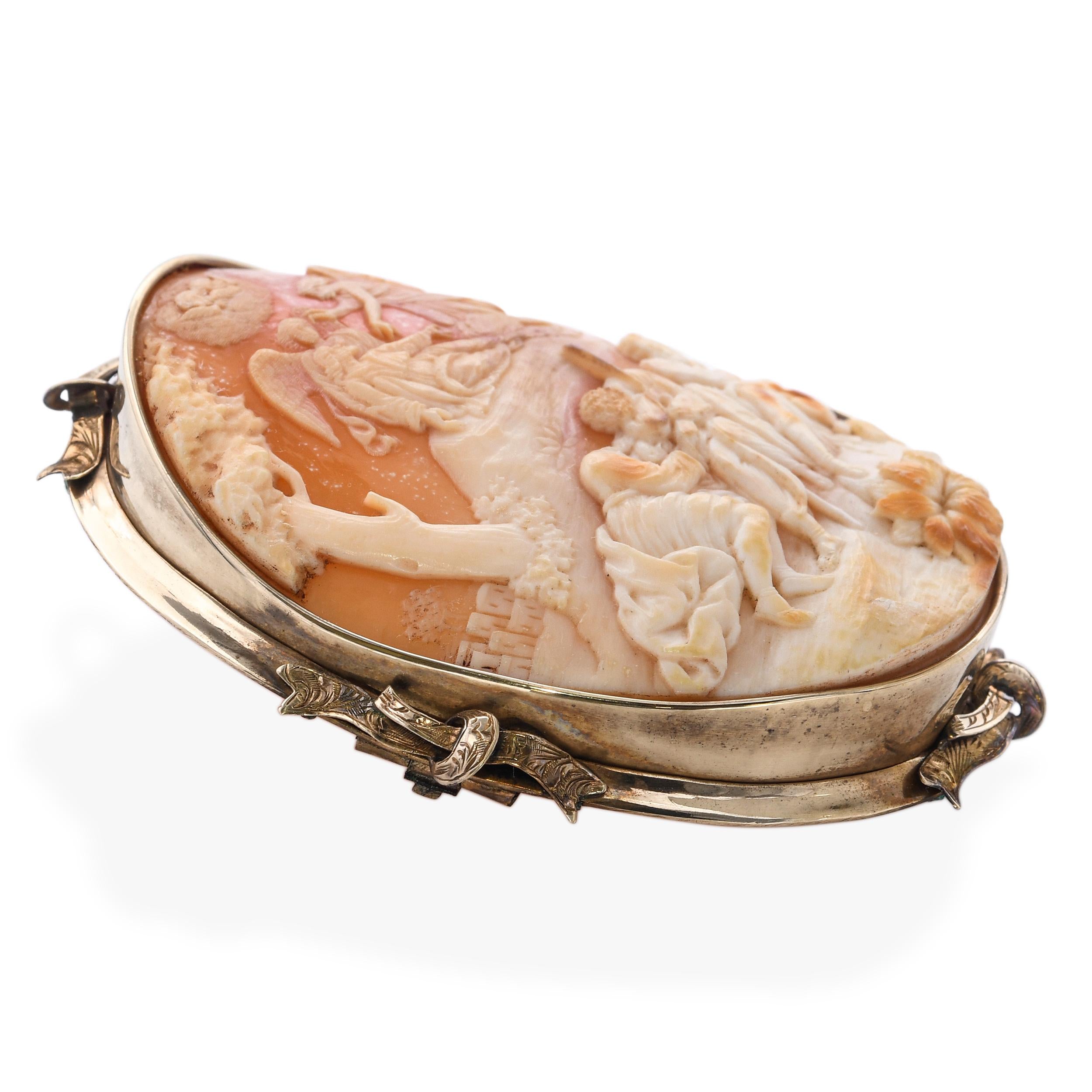 Antique 9k Yellow Gold Jesus Passion, Apostles Sleeping Shell Cameo Brooch