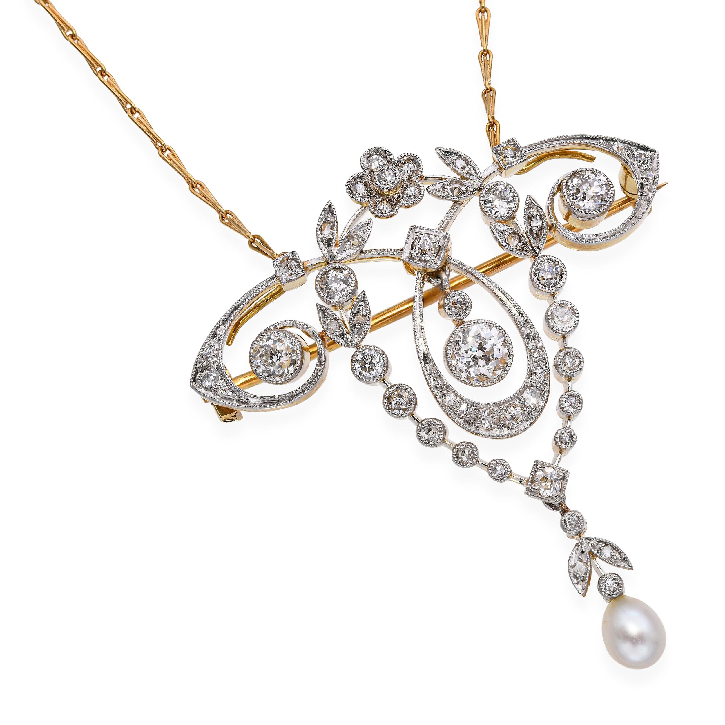 Antique Edwardian 18k Yellow Gold and Platinum 1.00tcw Diamond & Pearl Necklace