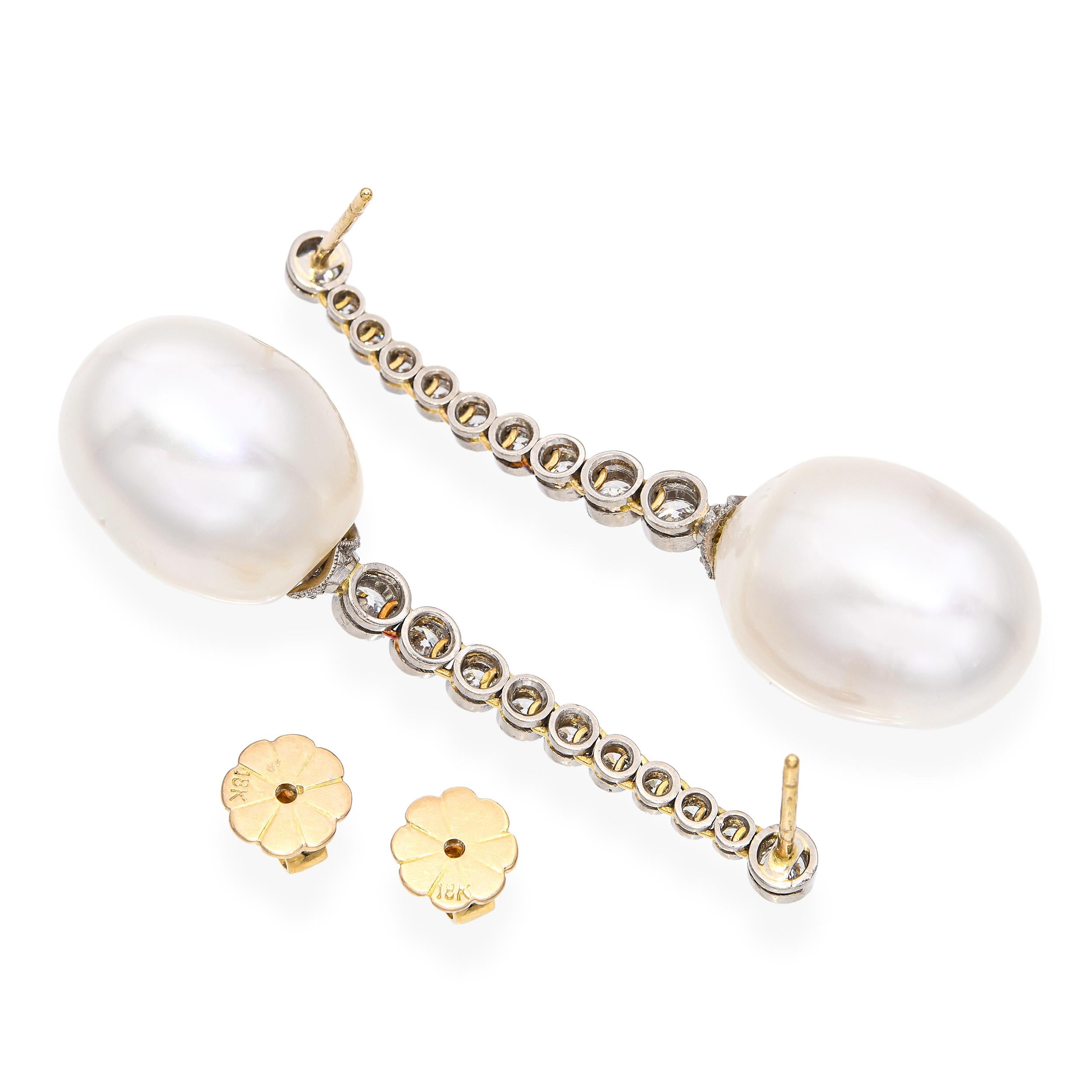 Vintage 18k Two Tone Gold Diamond and Pearl Drop Earrings