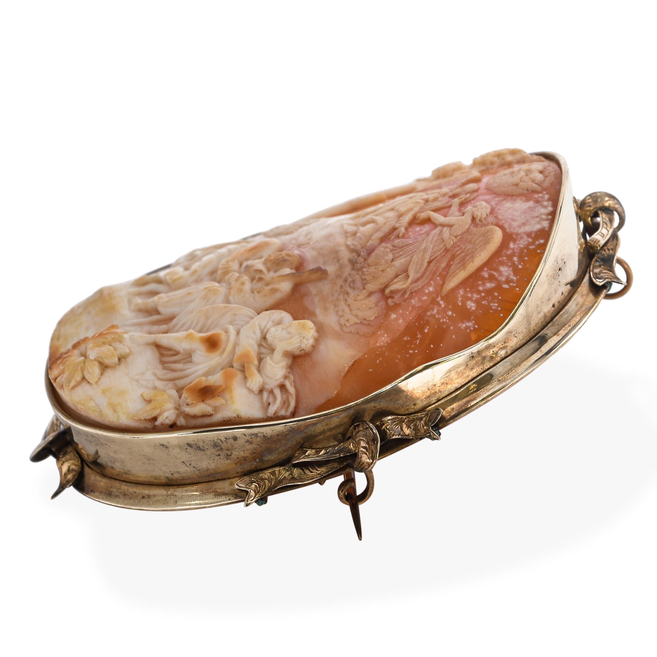 Antique 9k Yellow Gold Jesus Passion, Apostles Sleeping Shell Cameo Brooch