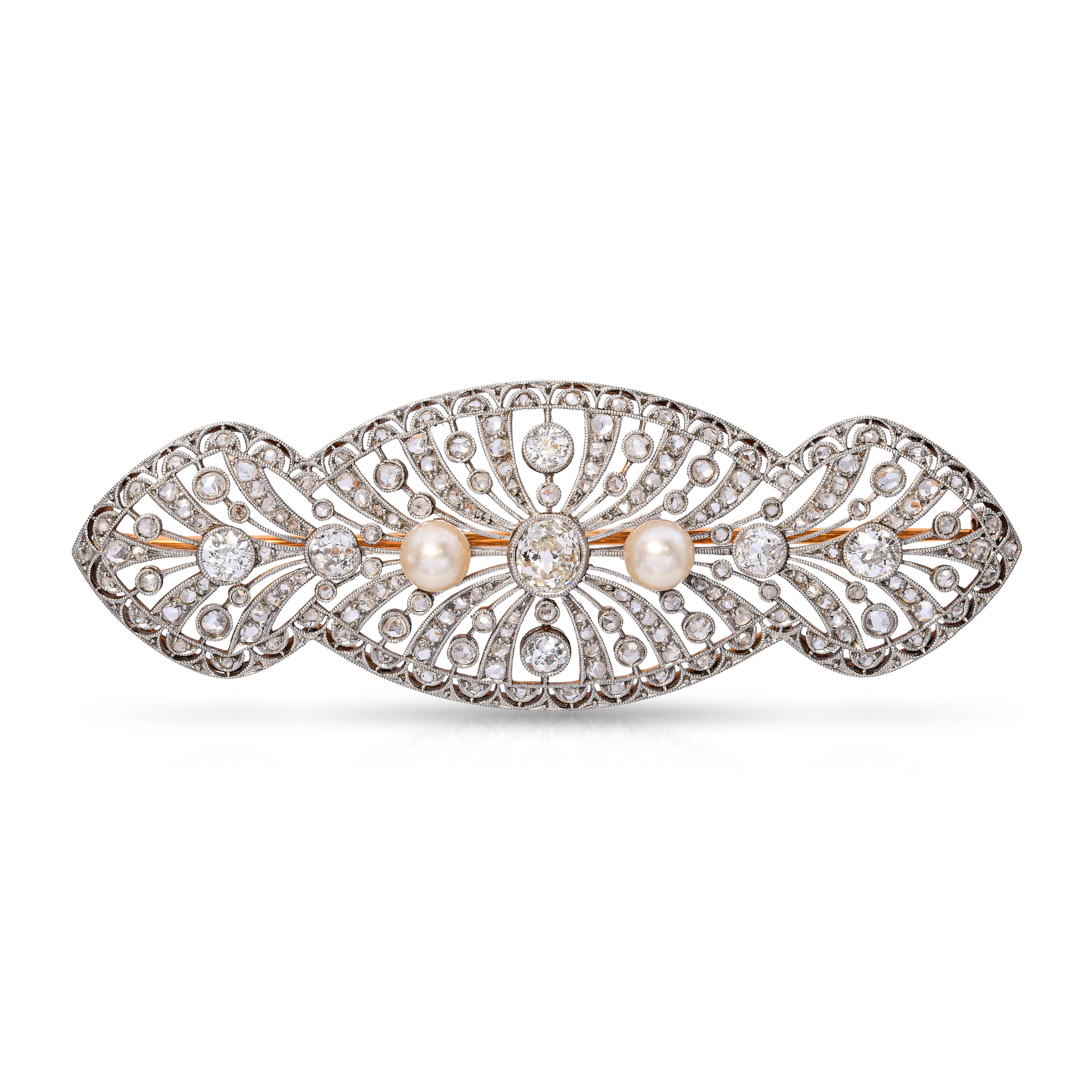 Antique Edwardian Platinum and Gold Old Mine Cut Diamond & Pearl Navette Brooch