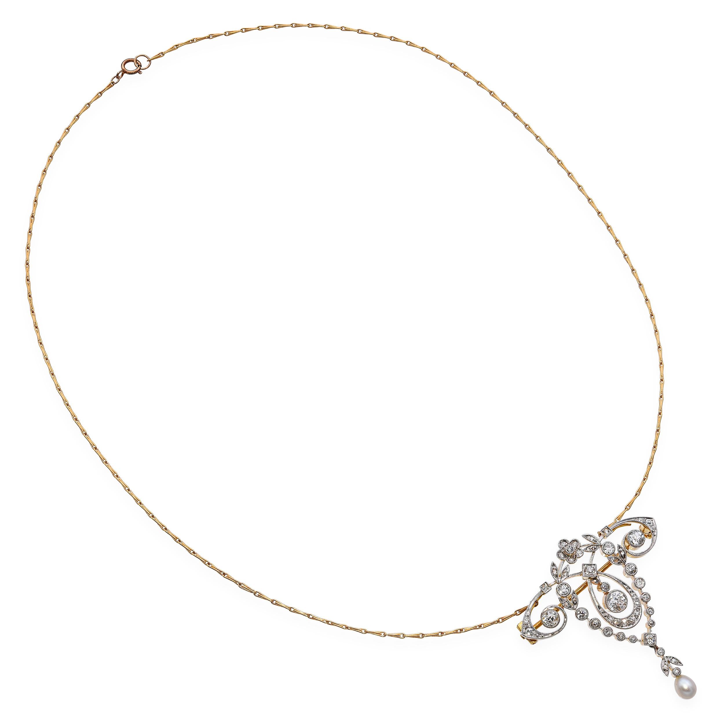 Antique Edwardian 18k Yellow Gold and Platinum 1.00tcw Diamond & Pearl Necklace
