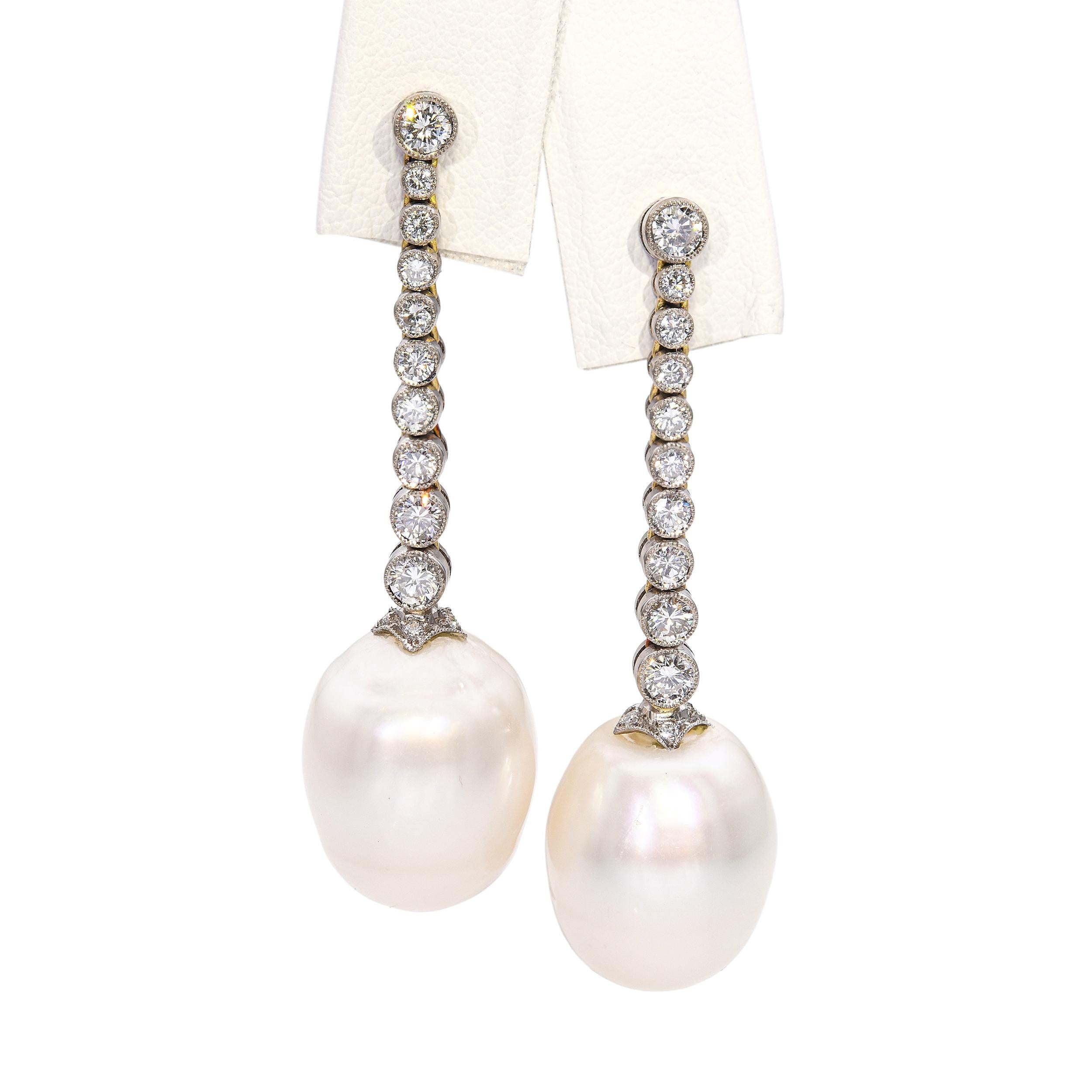 Vintage 18k Two Tone Gold Diamond and Pearl Drop Earrings