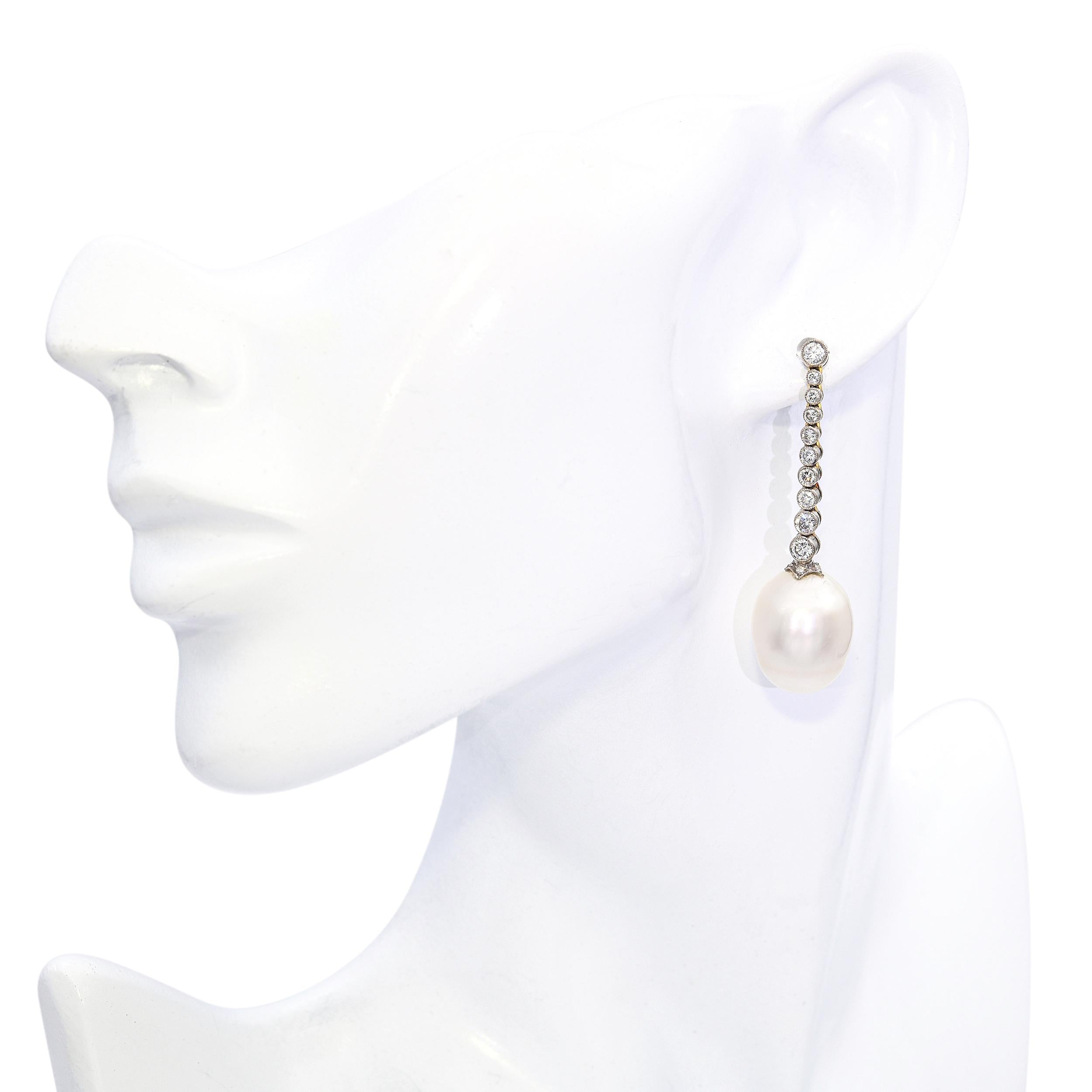 Vintage 18k Two Tone Gold Diamond and Pearl Drop Earrings