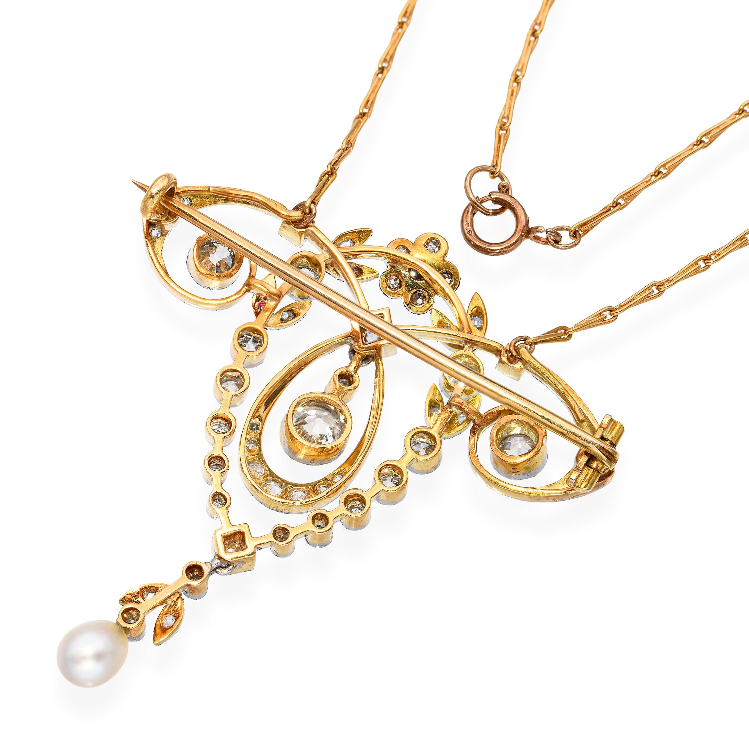 Antique Edwardian 18k Yellow Gold and Platinum 1.00tcw Diamond & Pearl Necklace