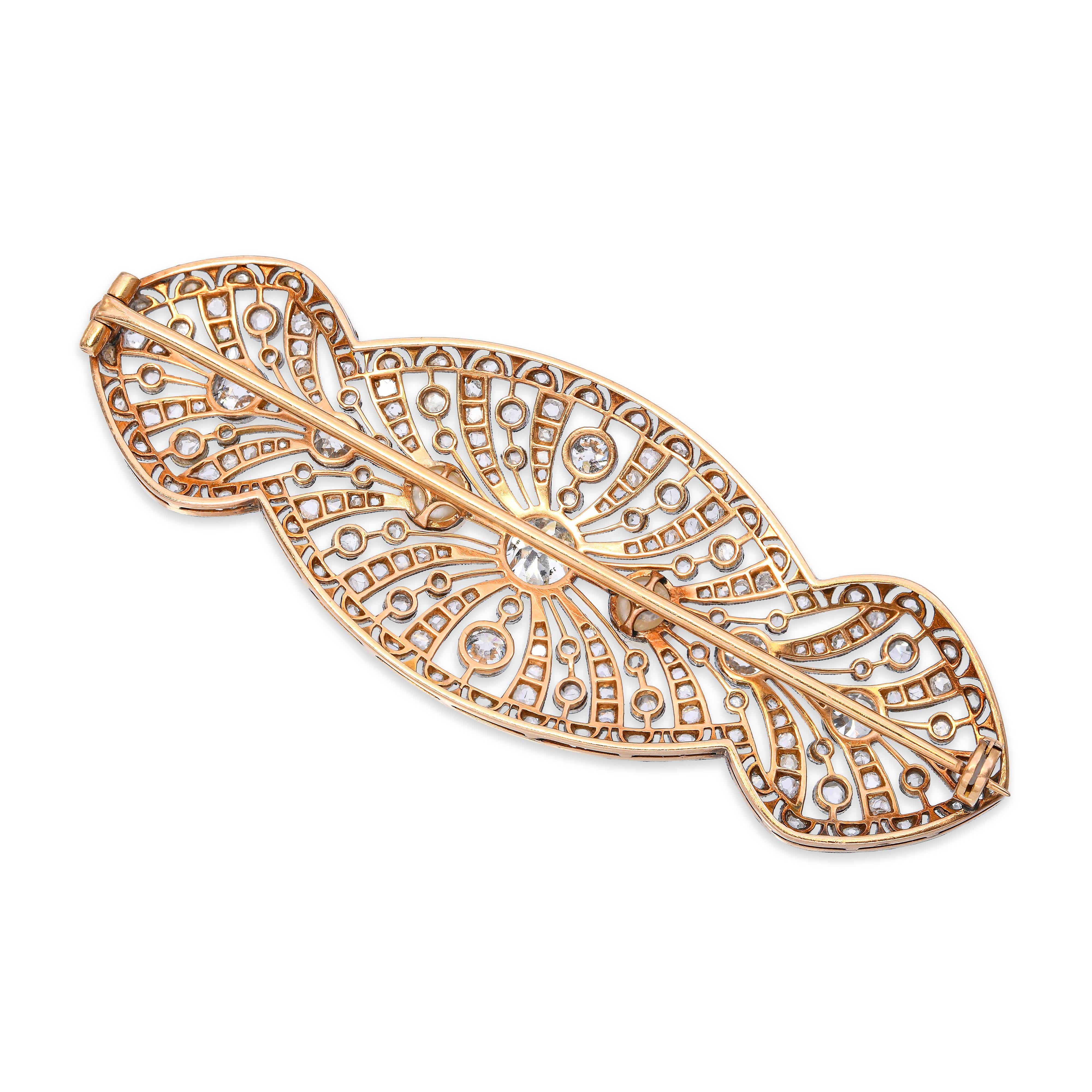 Antique Edwardian Platinum and Gold Old Mine Cut Diamond & Pearl Navette Brooch