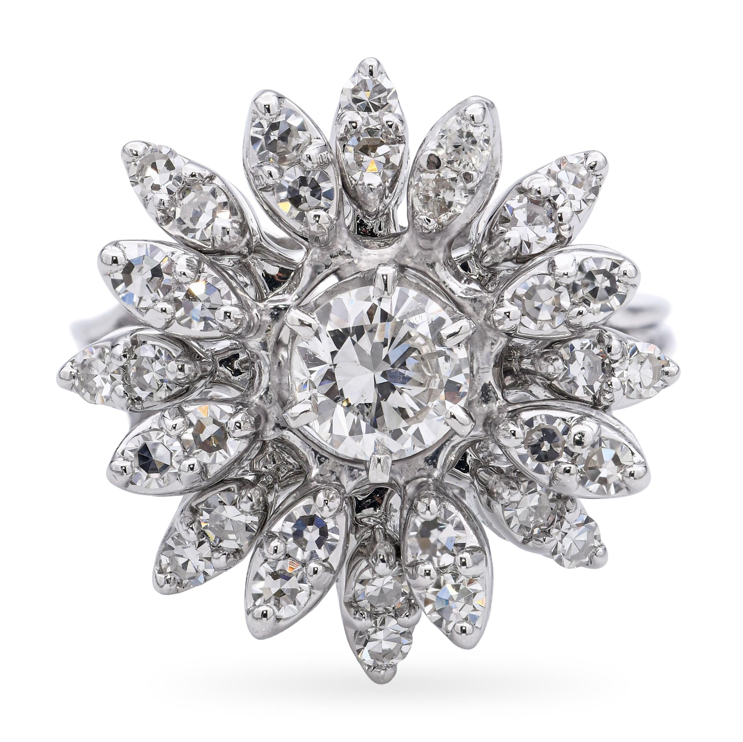 Vintage 14k White Gold 1.55tcw Diamond Flower Ring