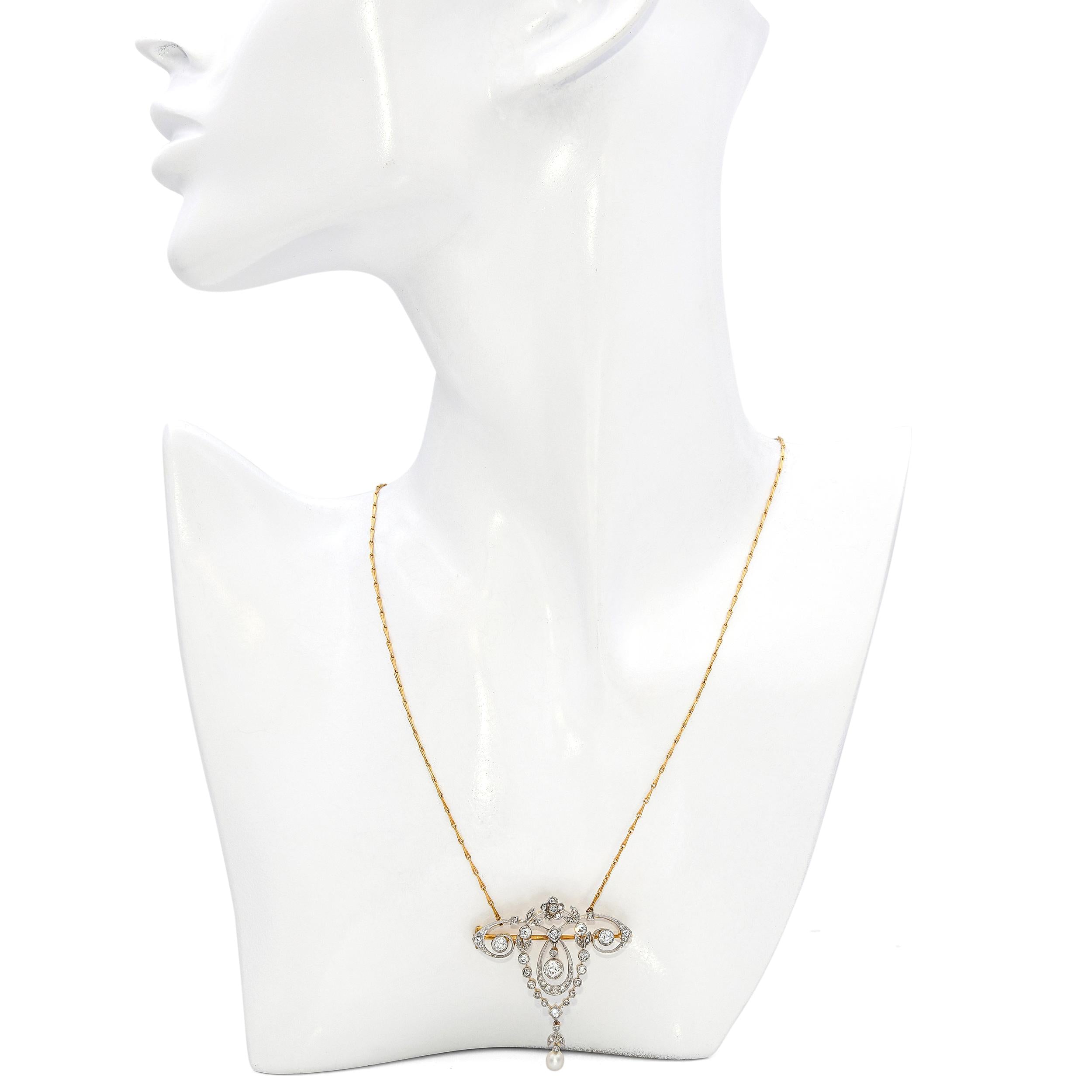 Antique Edwardian 18k Yellow Gold and Platinum 1.00tcw Diamond & Pearl Necklace