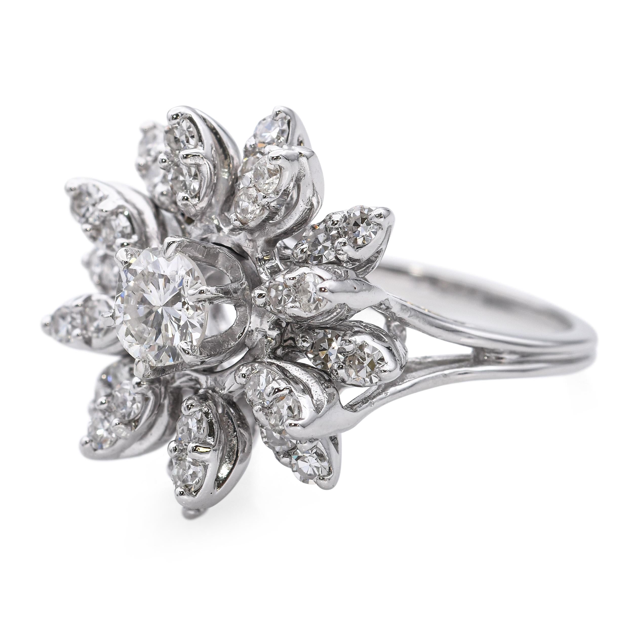 Vintage 14k White Gold 1.55tcw Diamond Flower Ring