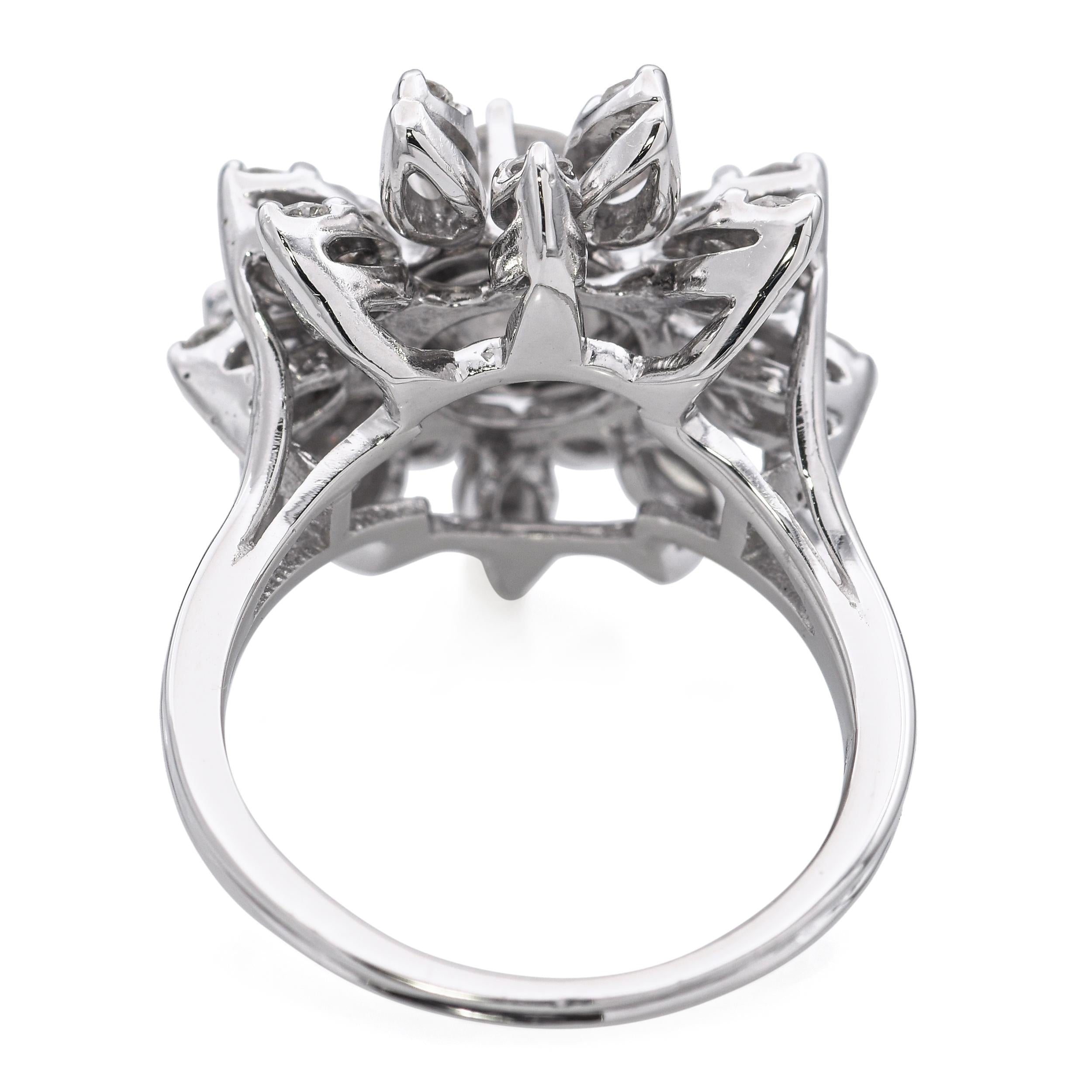 Vintage 14k White Gold 1.55tcw Diamond Flower Ring