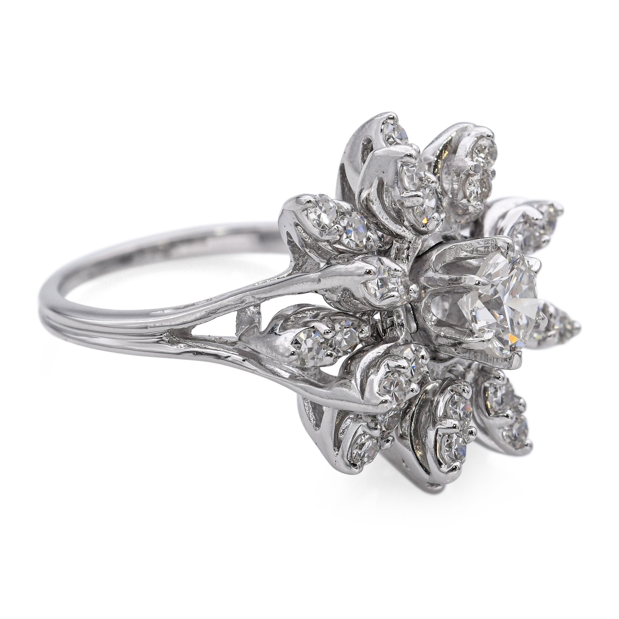 Vintage 14k White Gold 1.55tcw Diamond Flower Ring