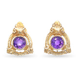 Vintage 14K Yellow Gold Amethyst Scrollwork Stud Earrings