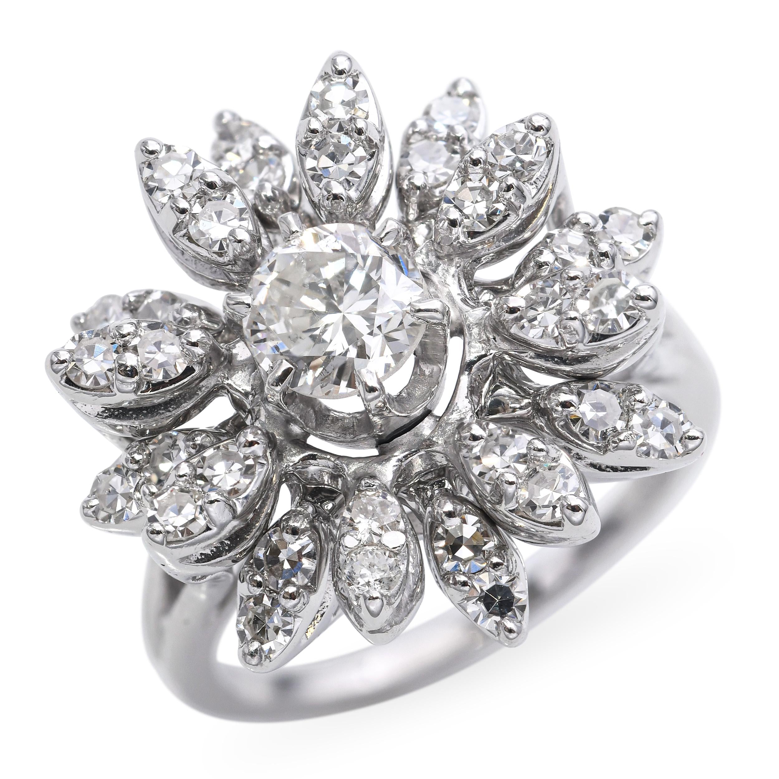 Vintage 14k White Gold 1.55tcw Diamond Flower Ring