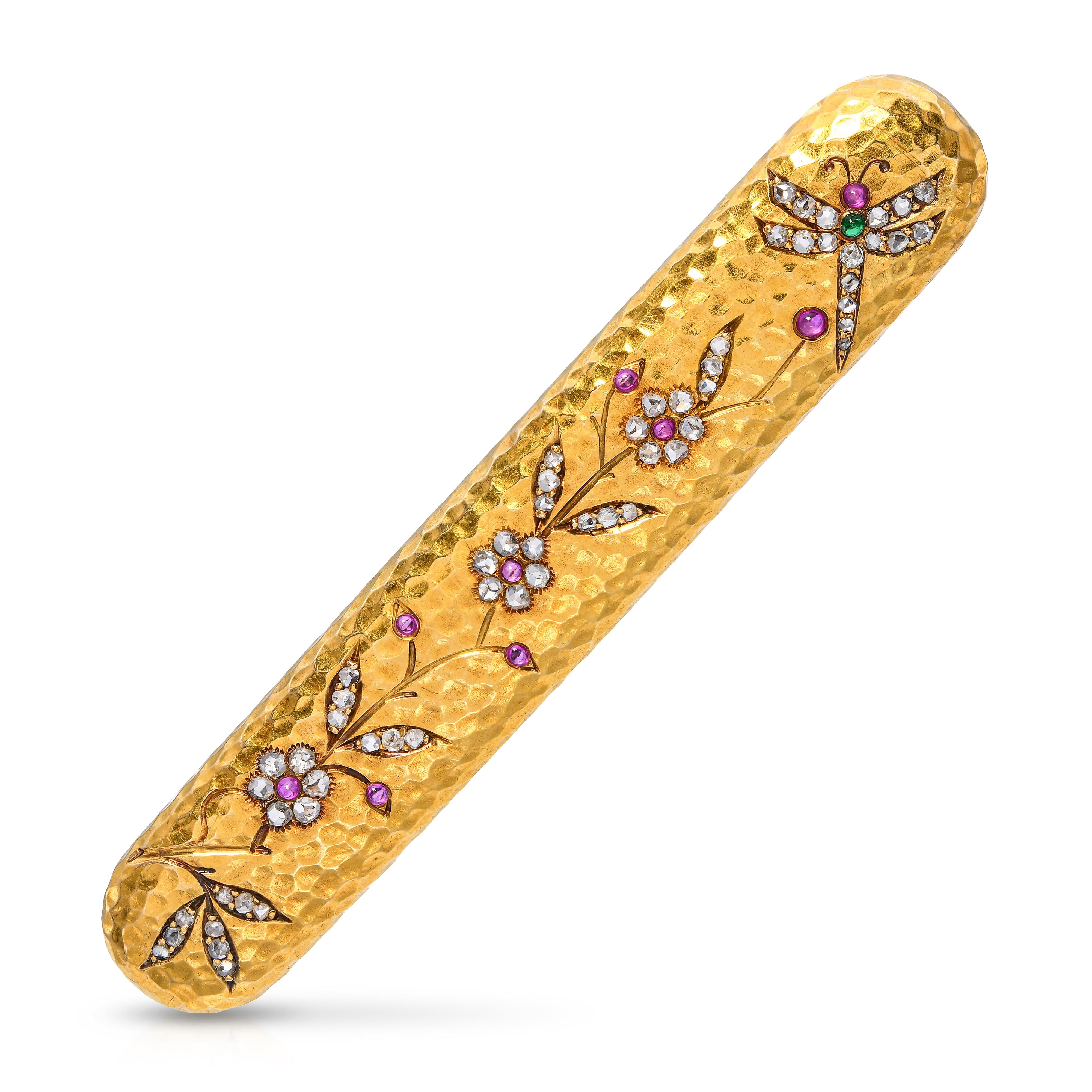 Antique Japonisme 21K Yellow Gold Ruby and Diamond Dragonfly Bar Brooch