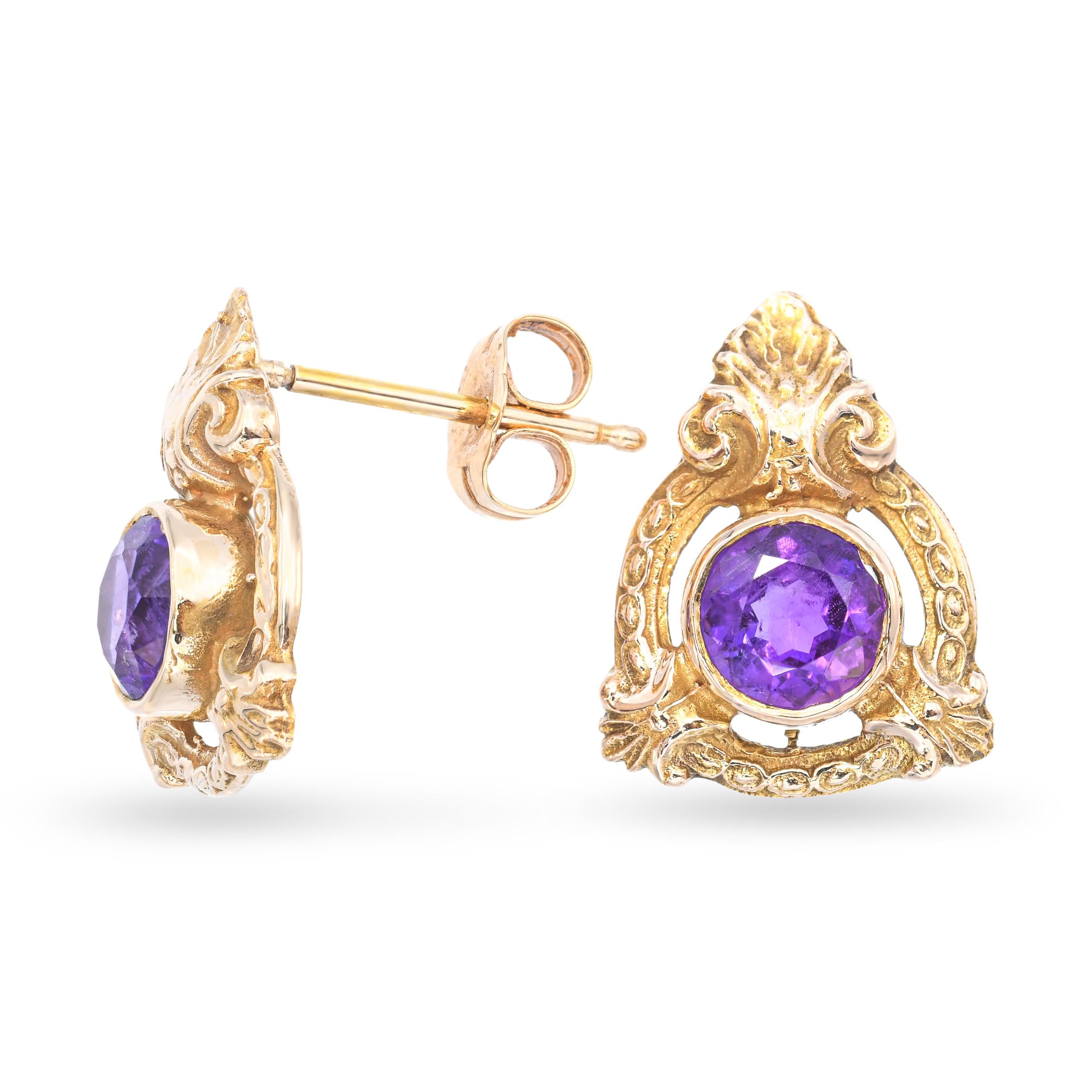 Vintage 14K Yellow Gold Amethyst Scrollwork Stud Earrings