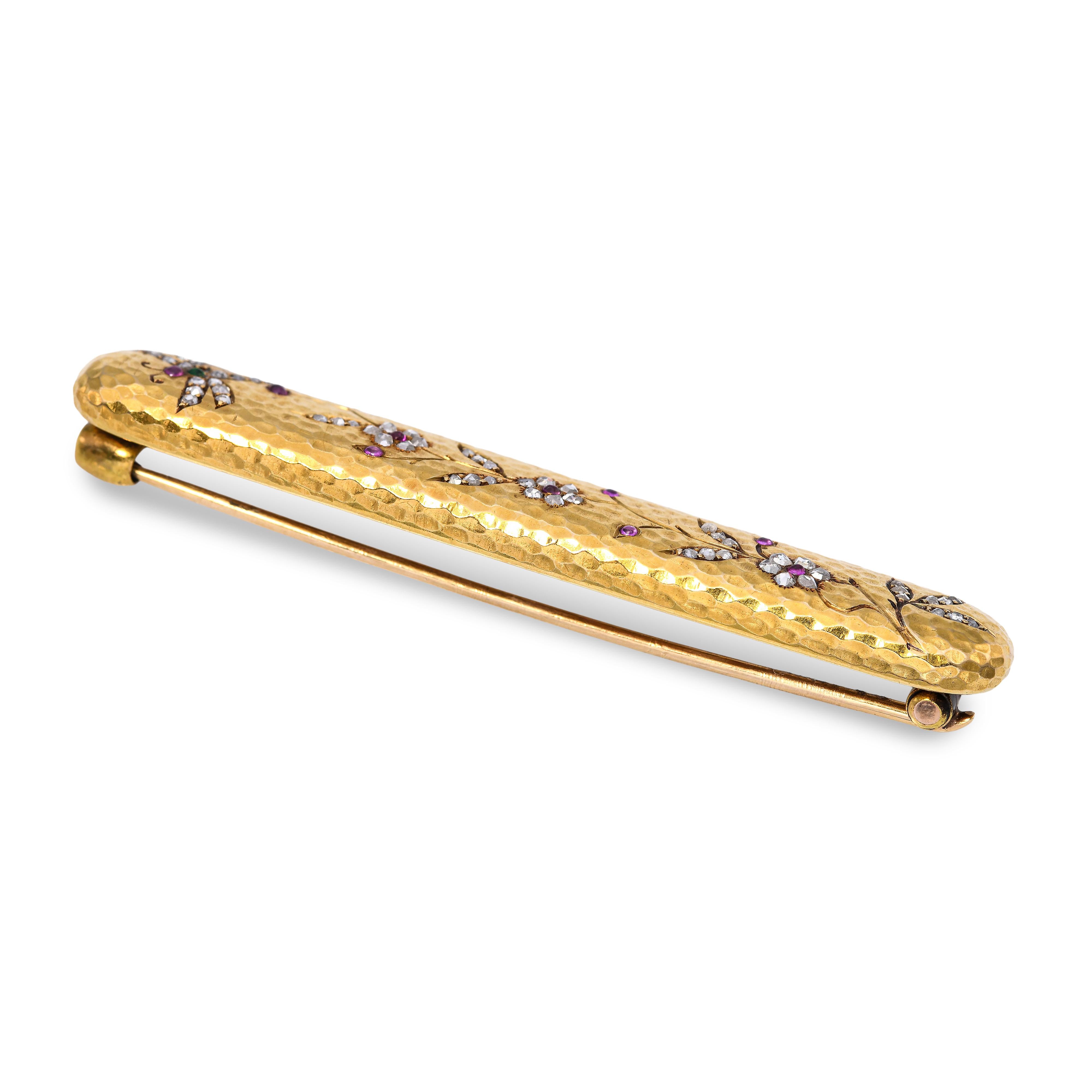 Antique Japonisme 21K Yellow Gold Ruby and Diamond Dragonfly Bar Brooch