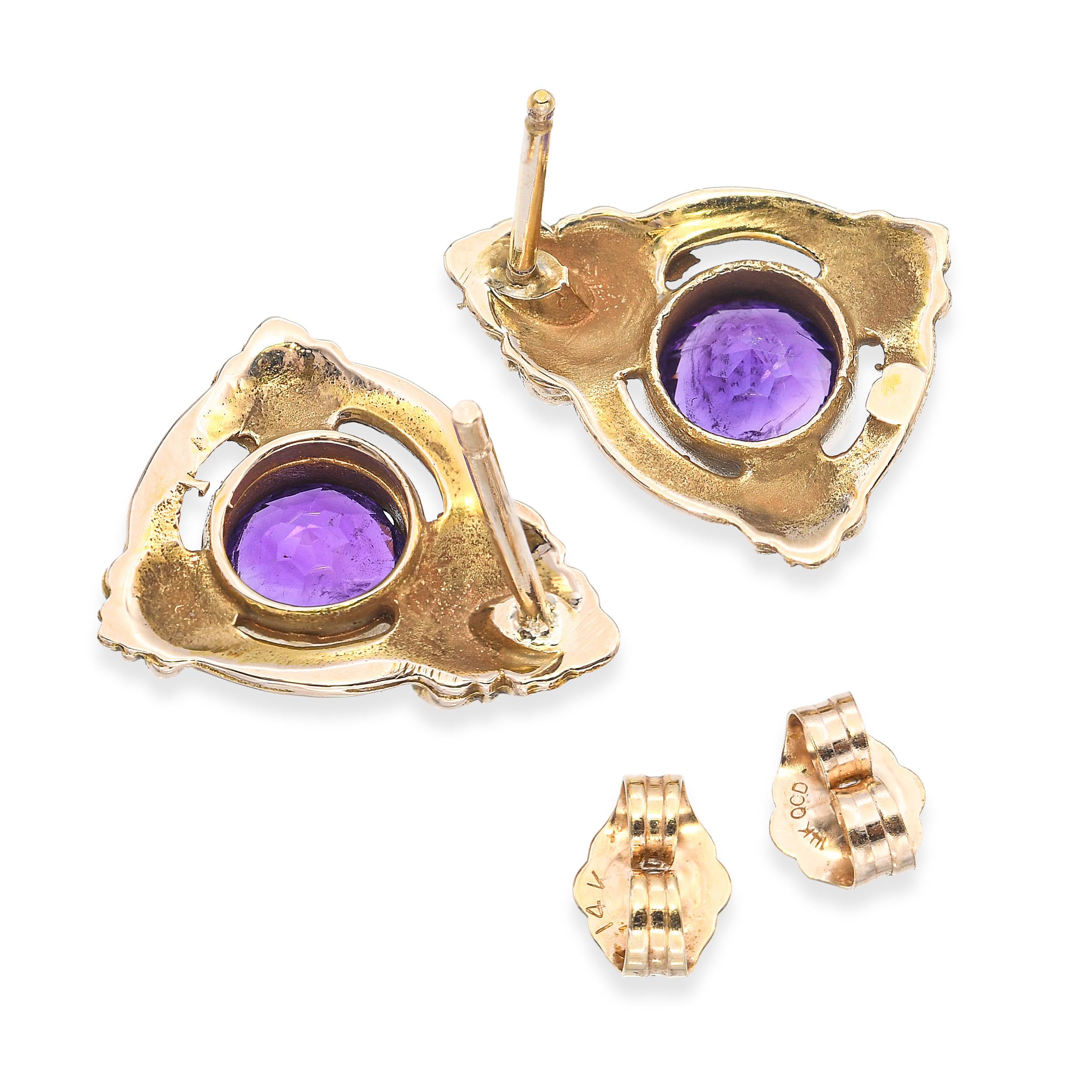 Vintage 14K Yellow Gold Amethyst Scrollwork Stud Earrings