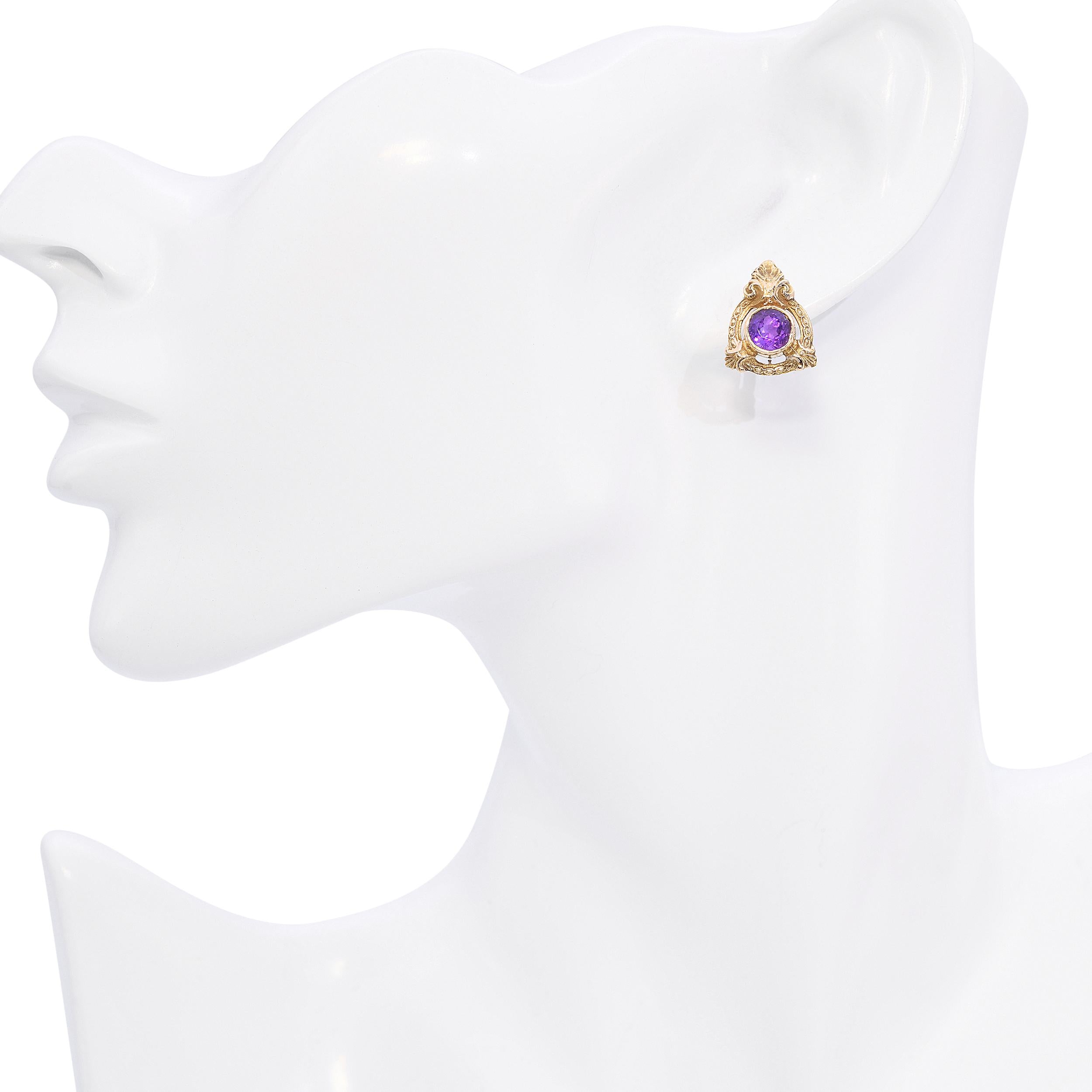 Vintage 14K Yellow Gold Amethyst Scrollwork Stud Earrings