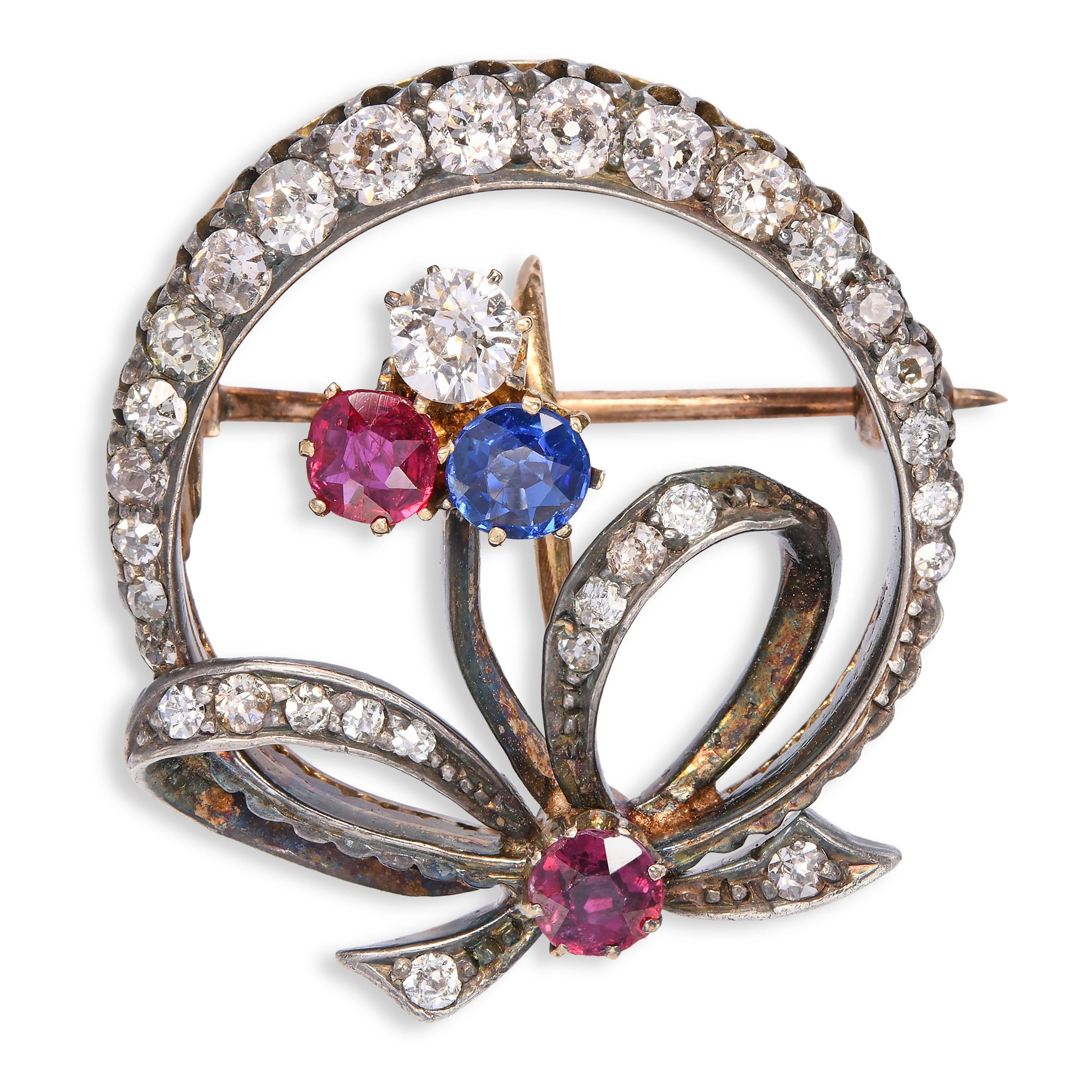Antique Victorian Yellow Gold and Silver Topped Ruby, Sapphire & Diamond Brooch
