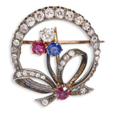 Antique Victorian Yellow Gold and Silver Topped Ruby, Sapphire & Diamond Brooch