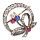 Antique Victorian Yellow Gold and Silver Topped Ruby, Sapphire & Diamond Brooch