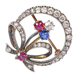 Antique Victorian Yellow Gold and Silver Topped Ruby, Sapphire & Diamond Brooch