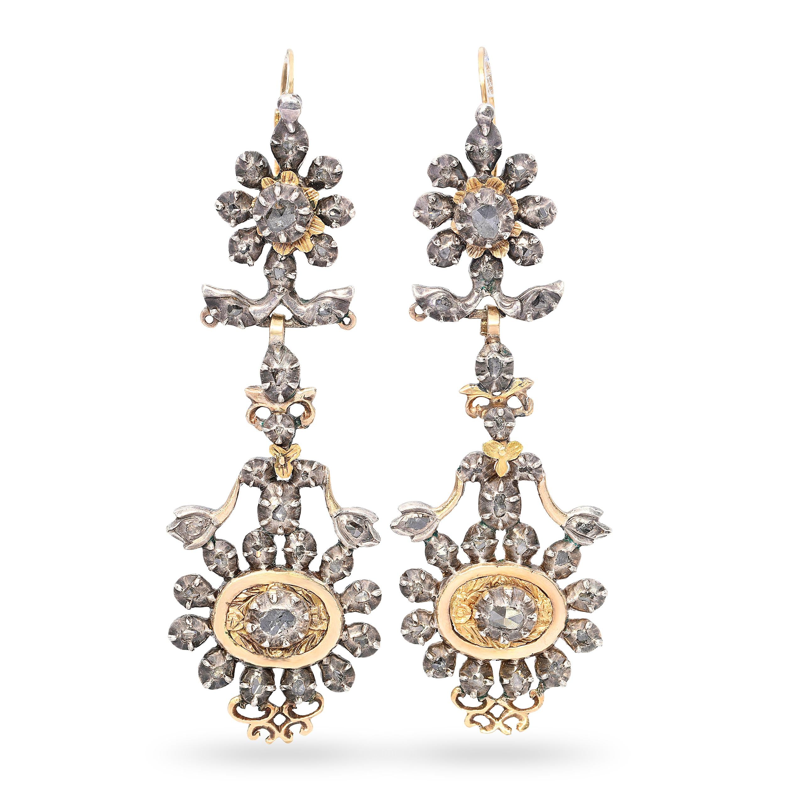 Antique Georgian Yellow Gold and Silver Rose Cut Diamond Earrings