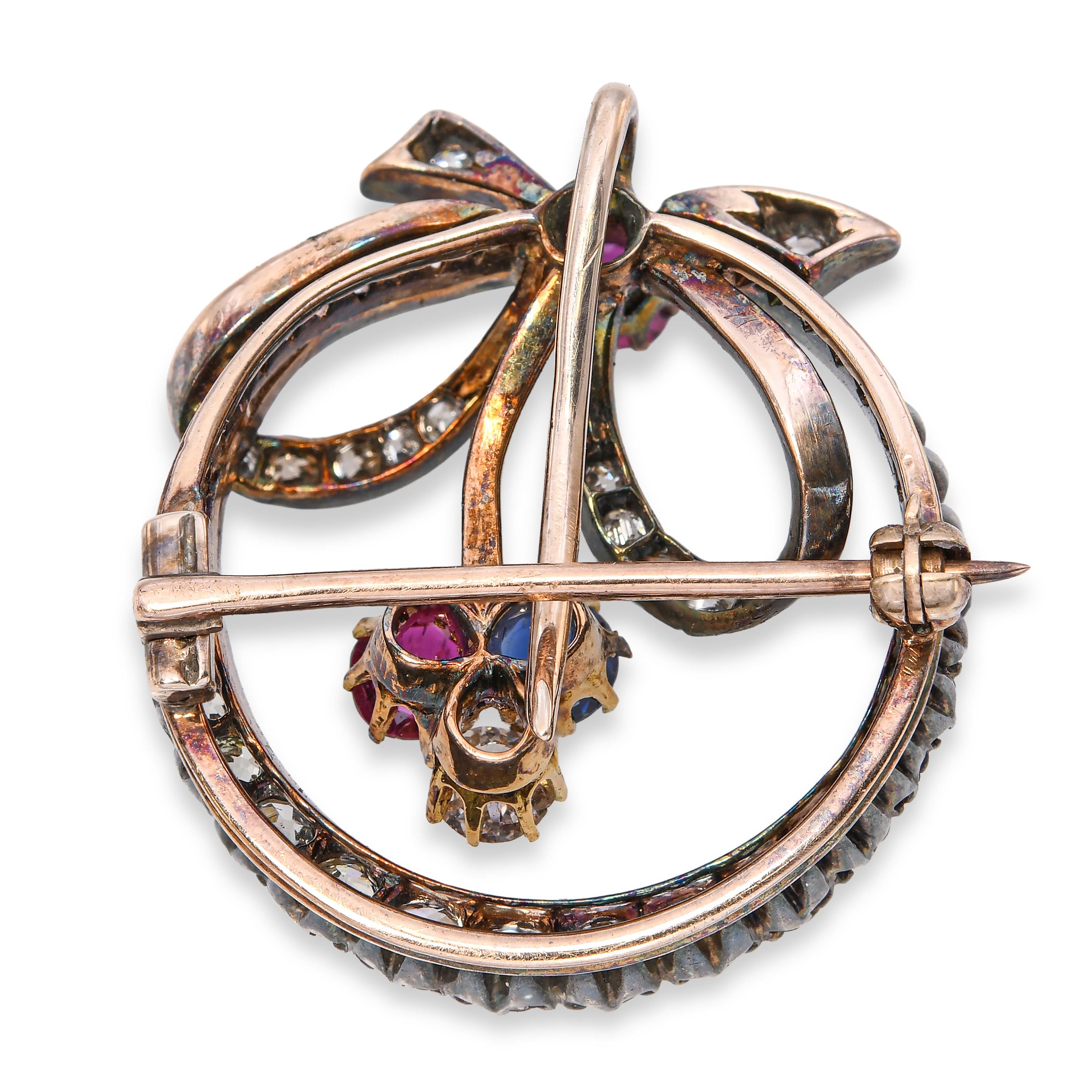 Antique Victorian Yellow Gold and Silver Topped Ruby, Sapphire & Diamond Brooch