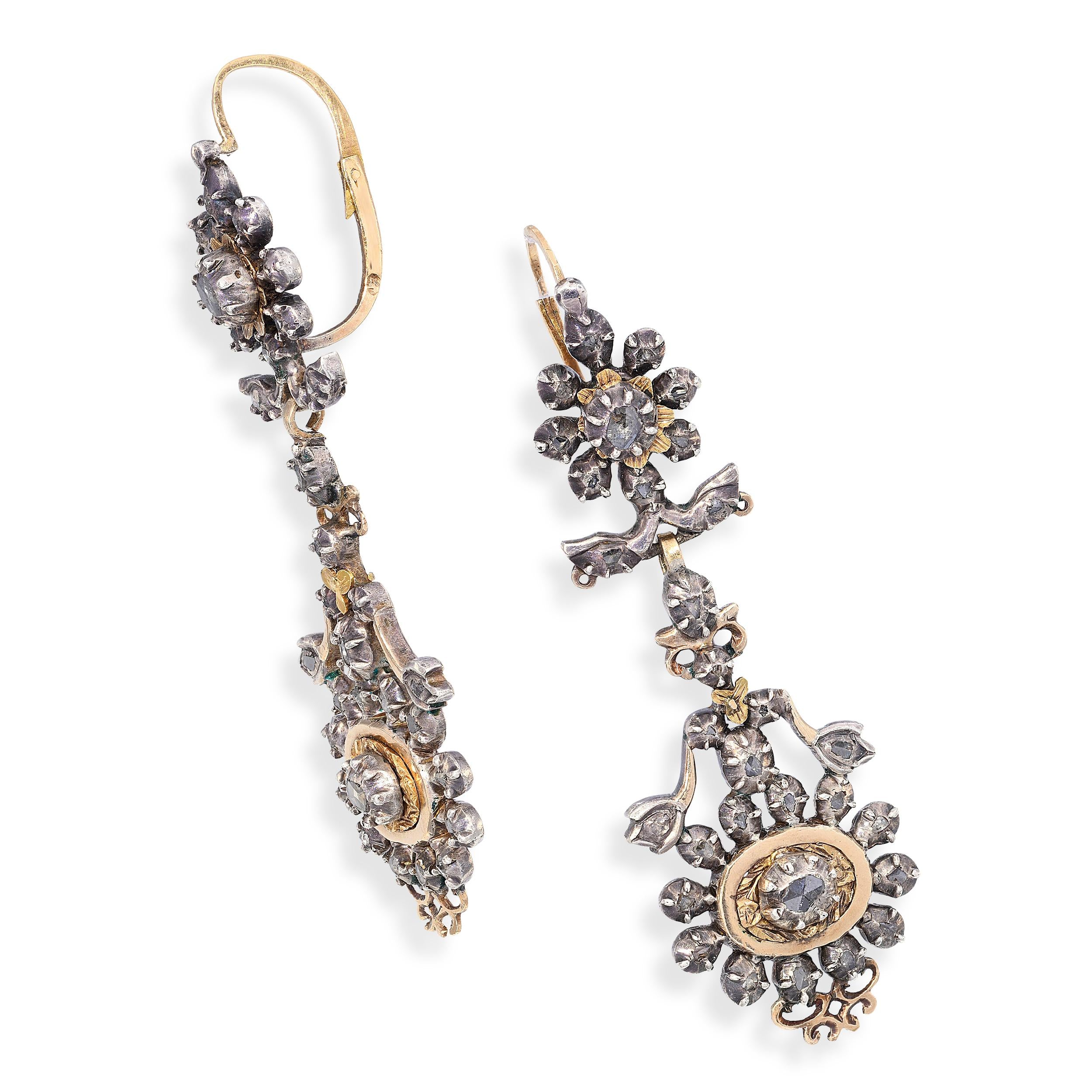Antique Georgian Yellow Gold and Silver Rose Cut Diamond Earrings