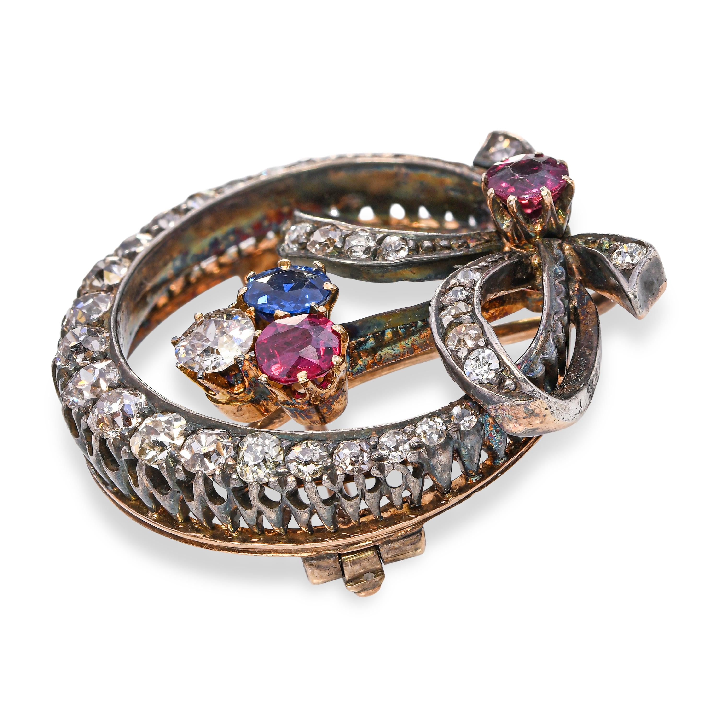 Antique Victorian Yellow Gold and Silver Topped Ruby, Sapphire & Diamond Brooch
