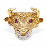 Vintage 14k Yellow Gold Bull With Ruby Eye and Diamond Ring