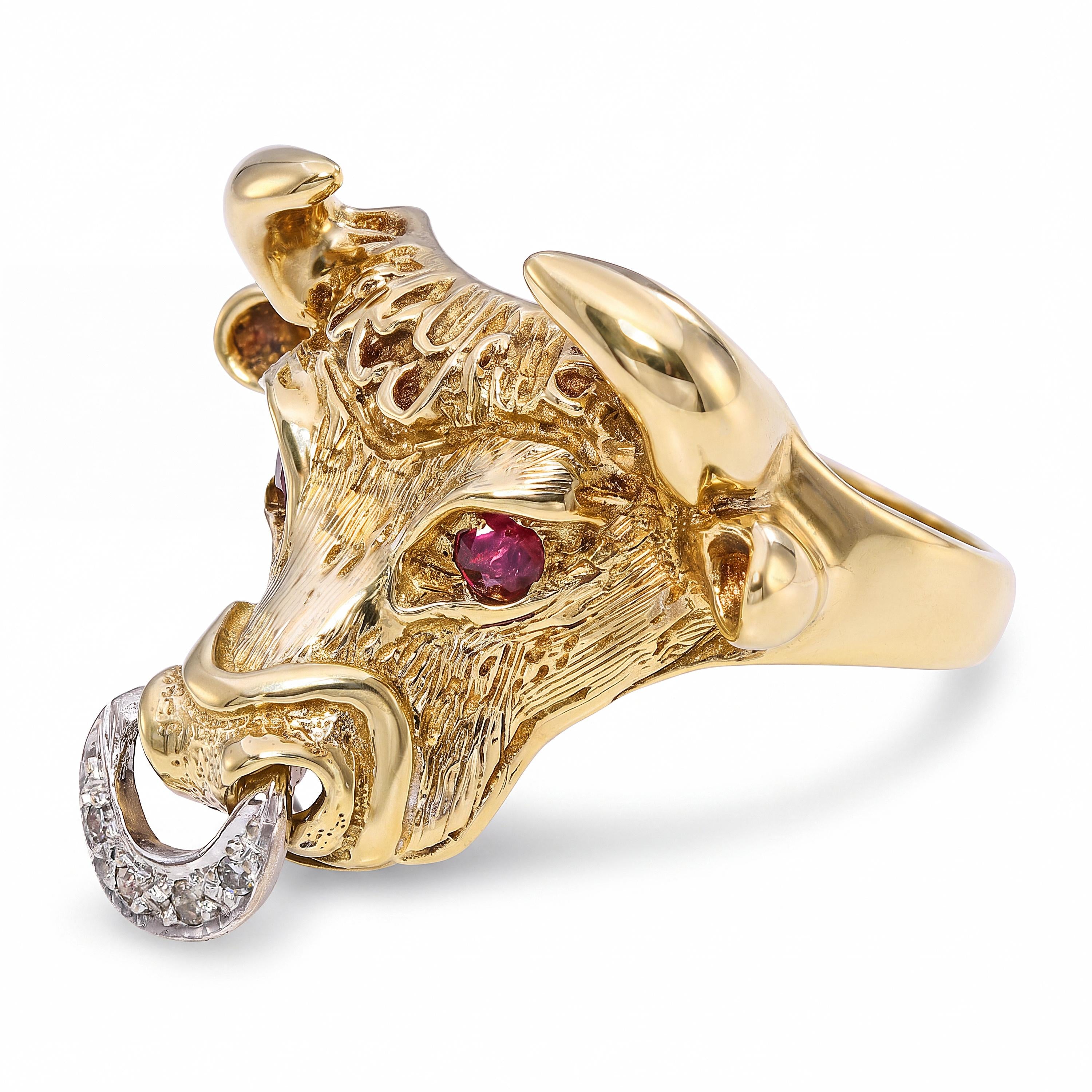 Vintage 14k Yellow Gold Bull With Ruby Eye and Diamond Ring