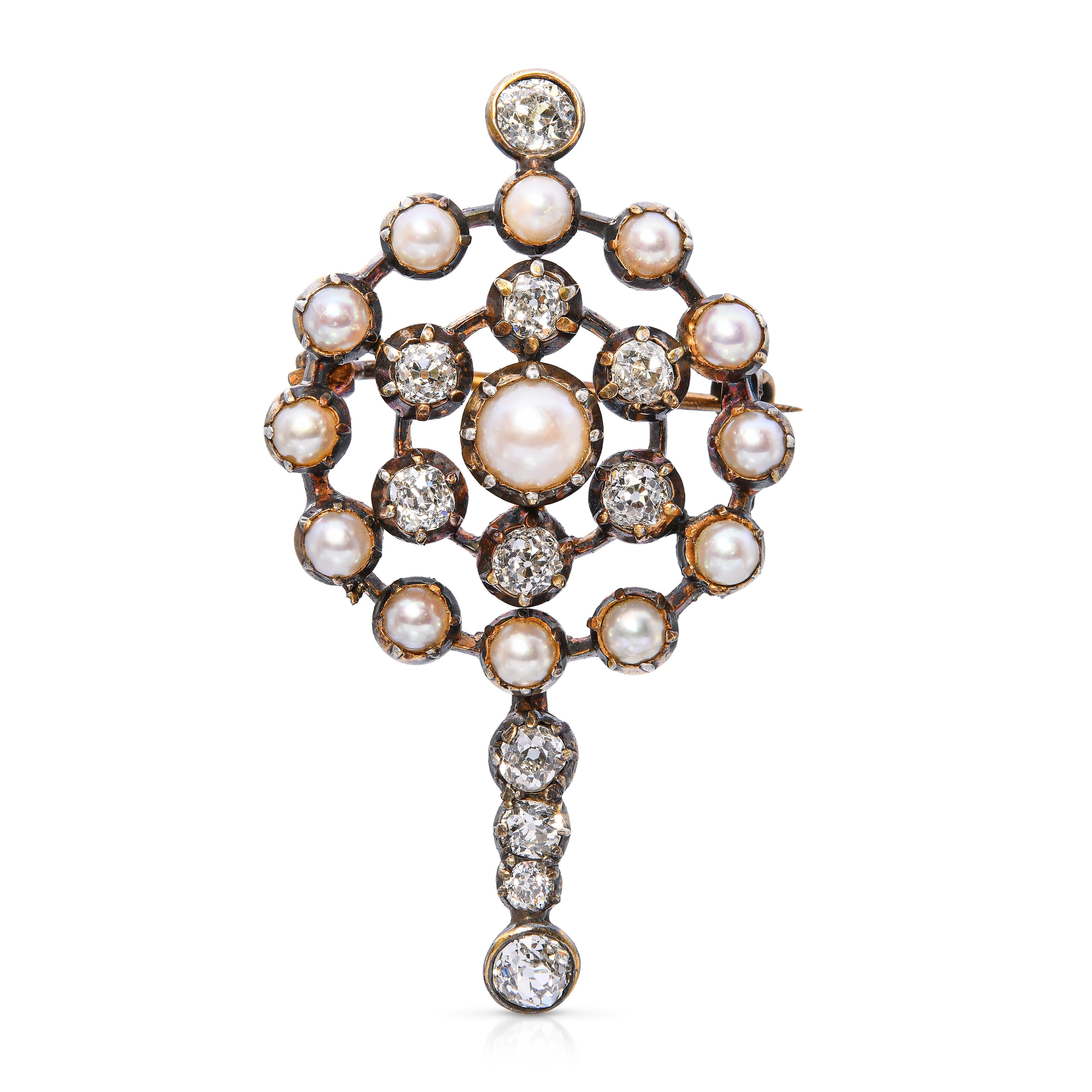 Victorian Yellow Gold and Silver 1.79ctw Old Mine Cut Diamond & Pearl Brooch