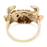 Vintage 14k Yellow Gold Bull With Ruby Eye and Diamond Ring