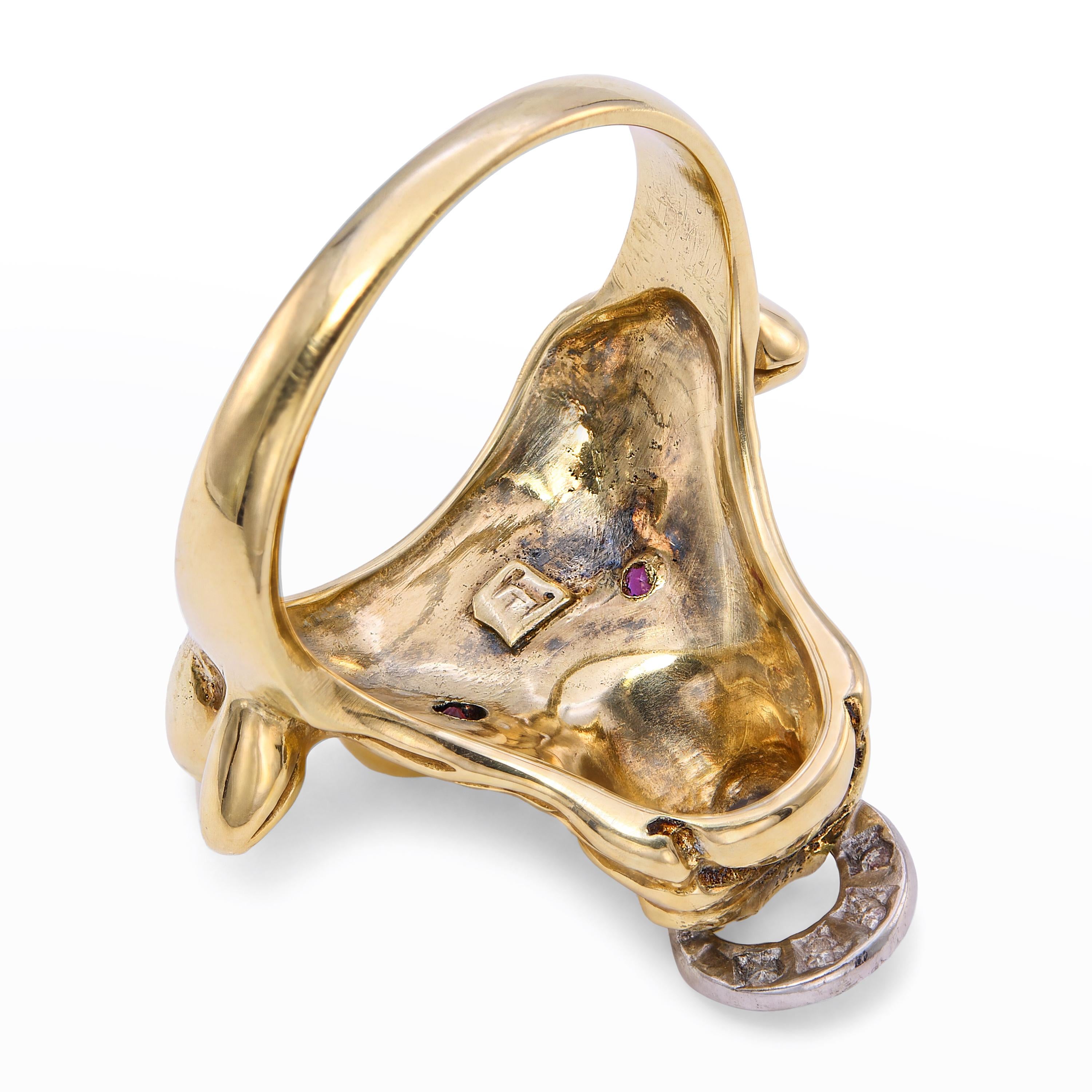 Vintage 14k Yellow Gold Bull With Ruby Eye and Diamond Ring