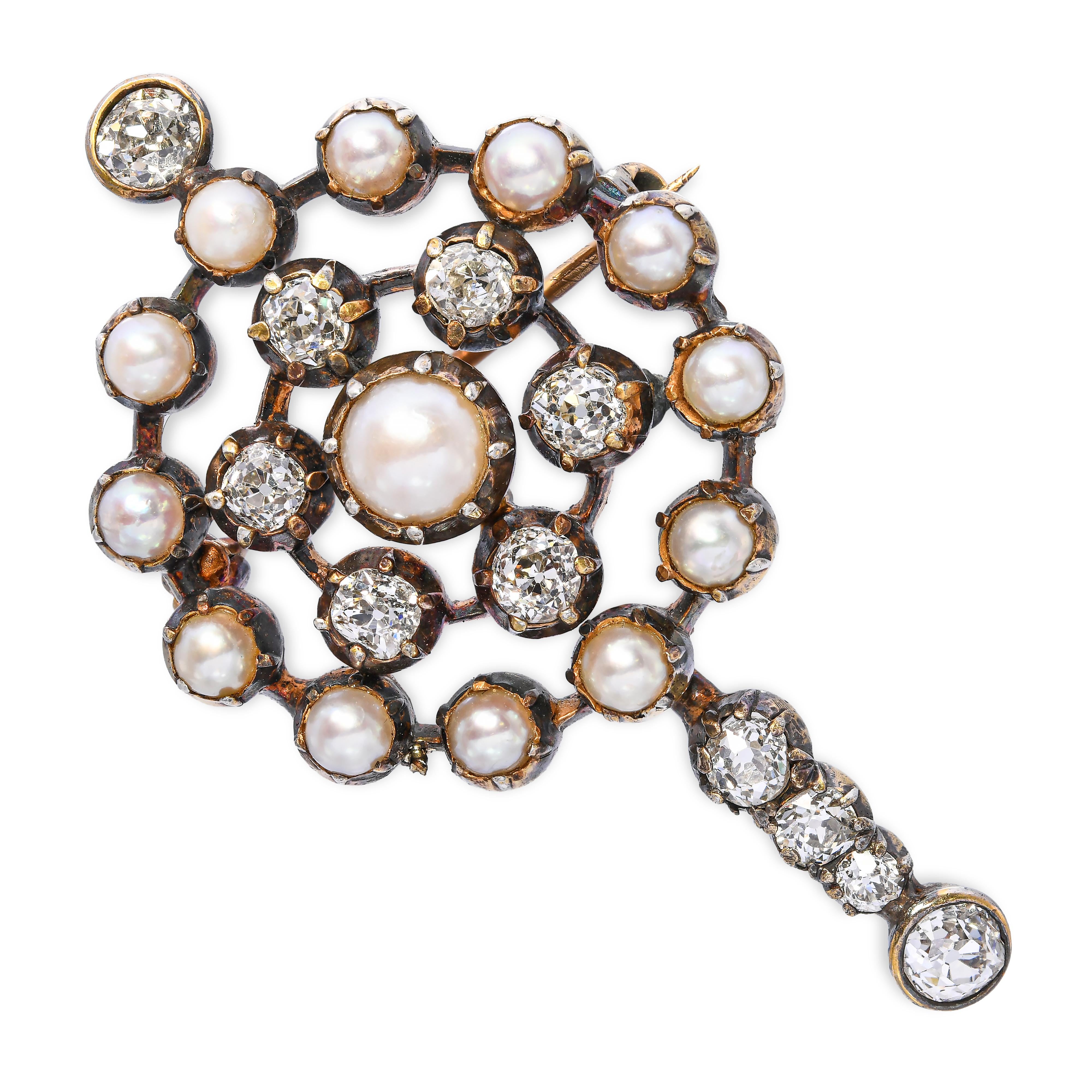 Victorian Yellow Gold and Silver 1.79ctw Old Mine Cut Diamond & Pearl Brooch