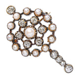 Victorian Yellow Gold and Silver 1.79ctw Old Mine Cut Diamond & Pearl Brooch