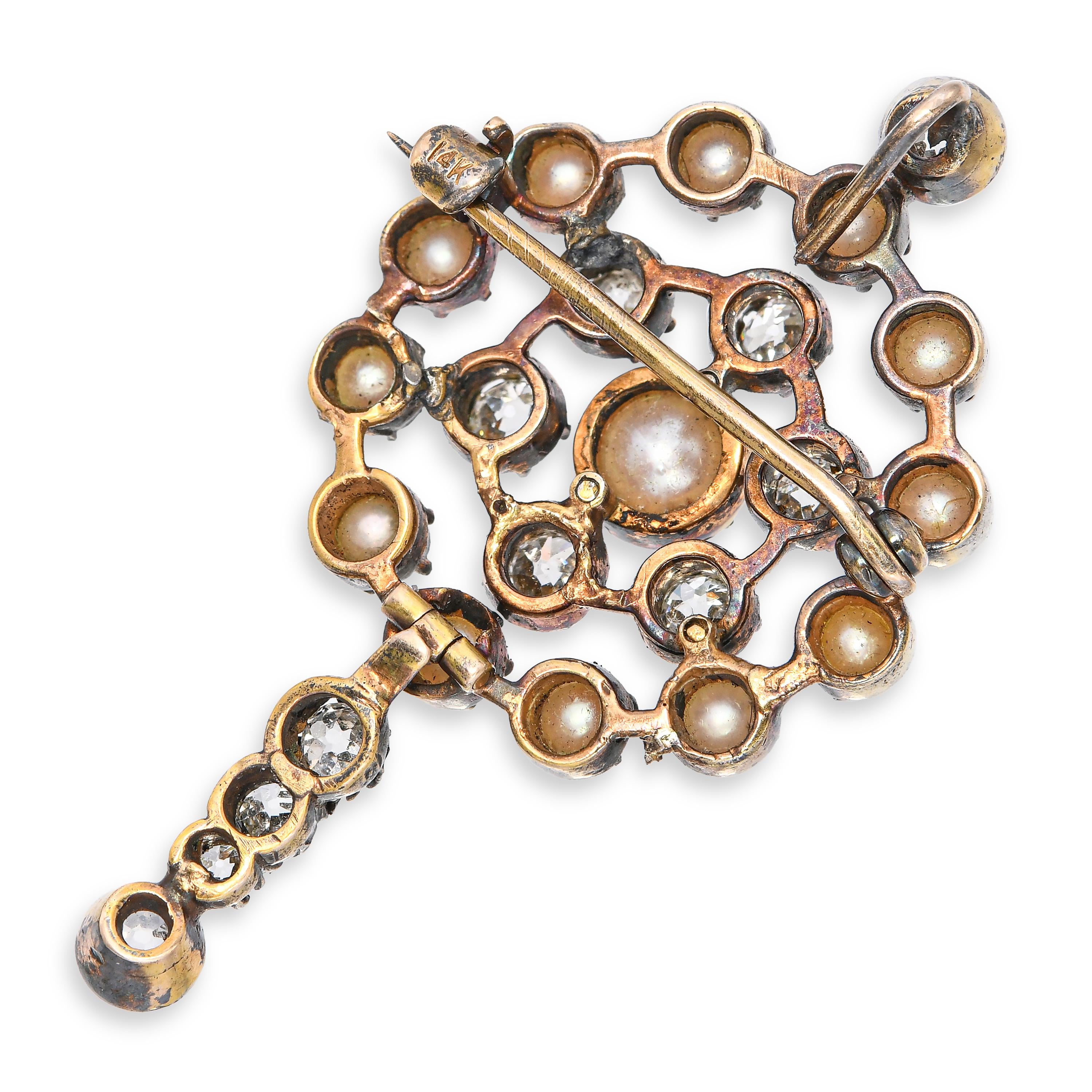 Victorian Yellow Gold and Silver 1.79ctw Old Mine Cut Diamond & Pearl Brooch