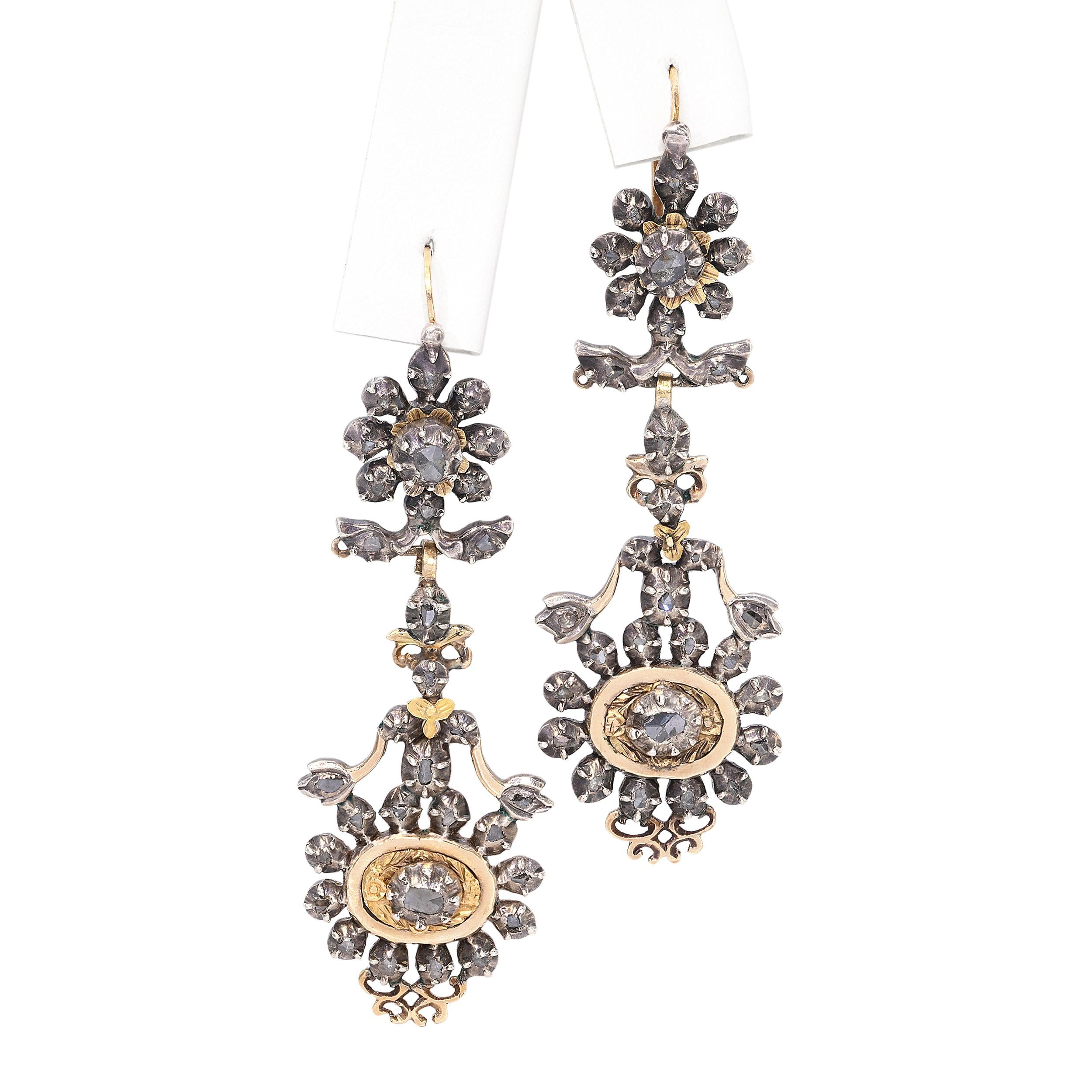 Antique Georgian Yellow Gold and Silver Rose Cut Diamond Earrings