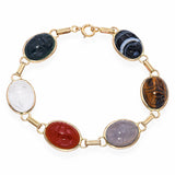 14k Yellow Gold Onyx Tigers Eye Chalcedony and Rock Crystal Scarab Bracelet