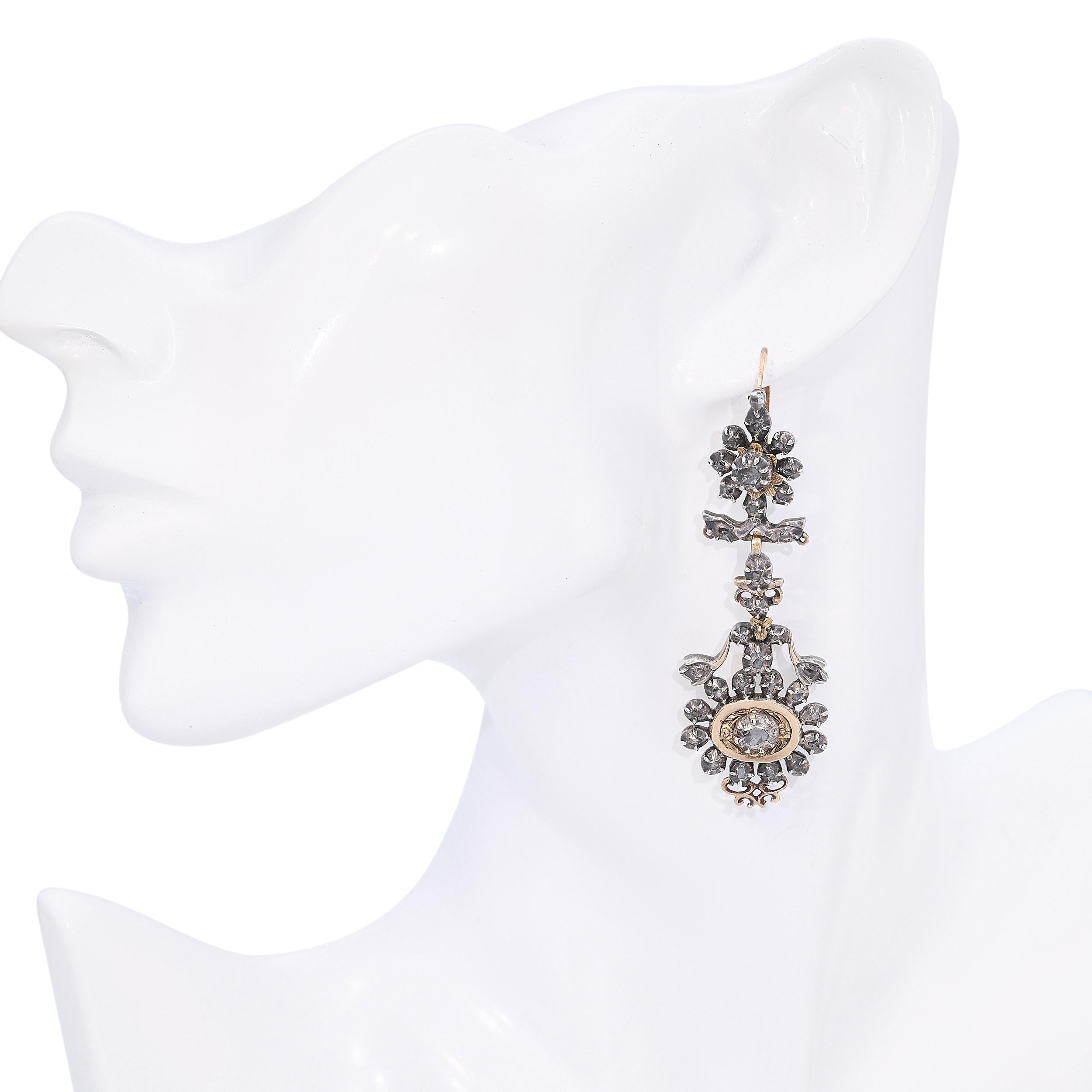 Antique Georgian Yellow Gold and Silver Rose Cut Diamond Earrings
