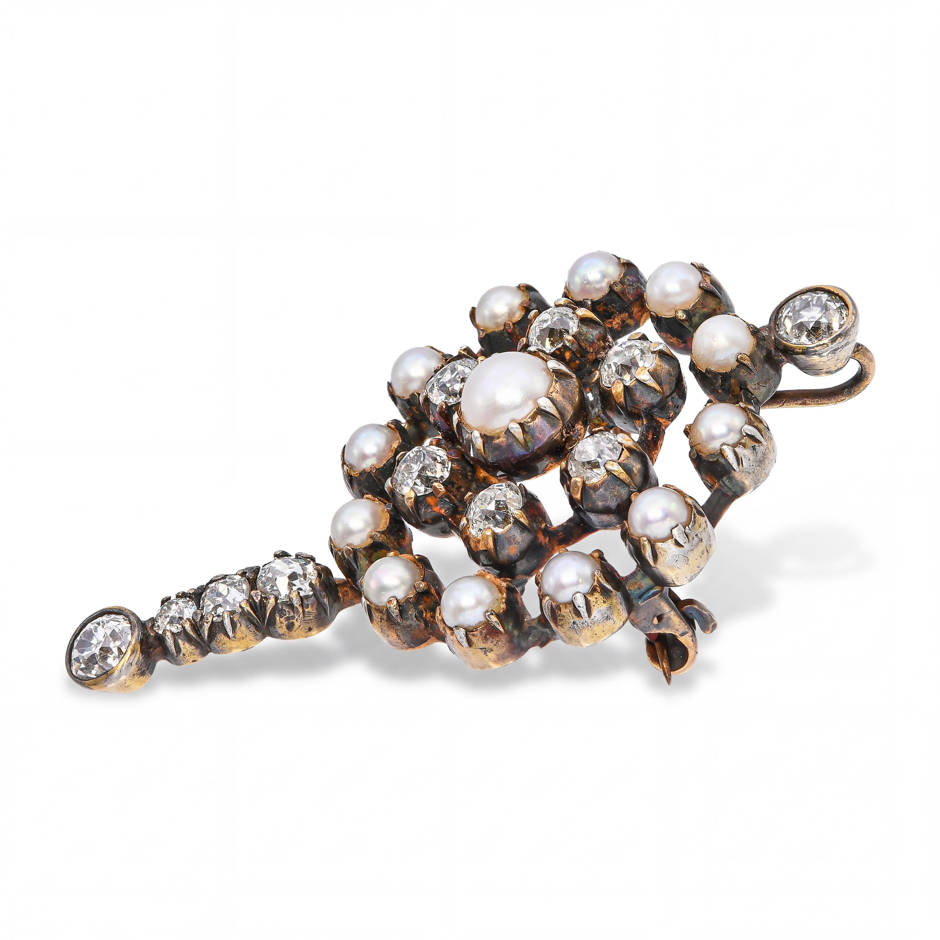Victorian Yellow Gold and Silver 1.79ctw Old Mine Cut Diamond & Pearl Brooch