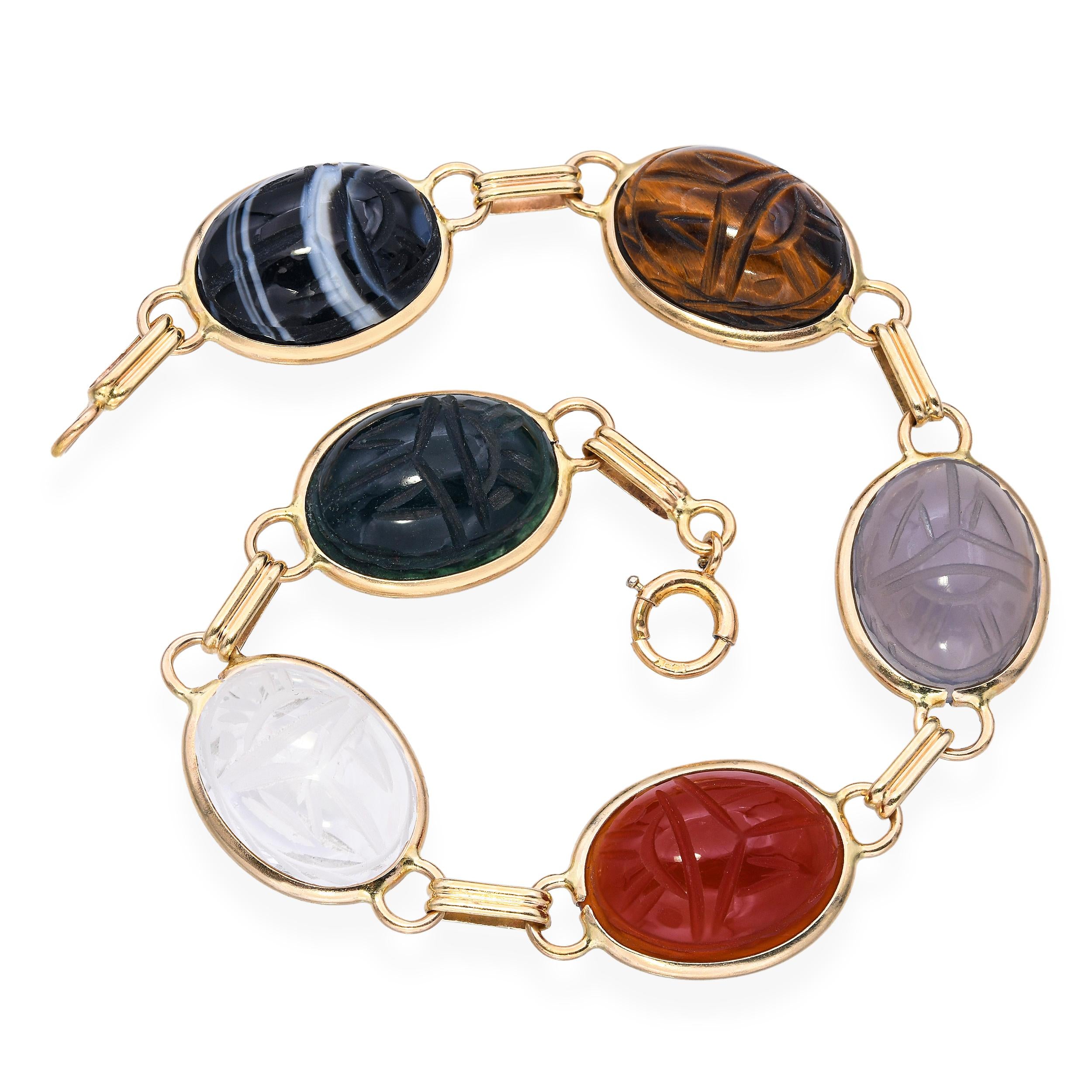 14k Yellow Gold Onyx Tigers Eye Chalcedony and Rock Crystal Scarab Bracelet