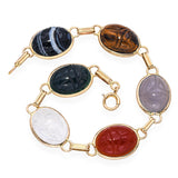 14k Yellow Gold Onyx Tigers Eye Chalcedony and Rock Crystal Scarab Bracelet