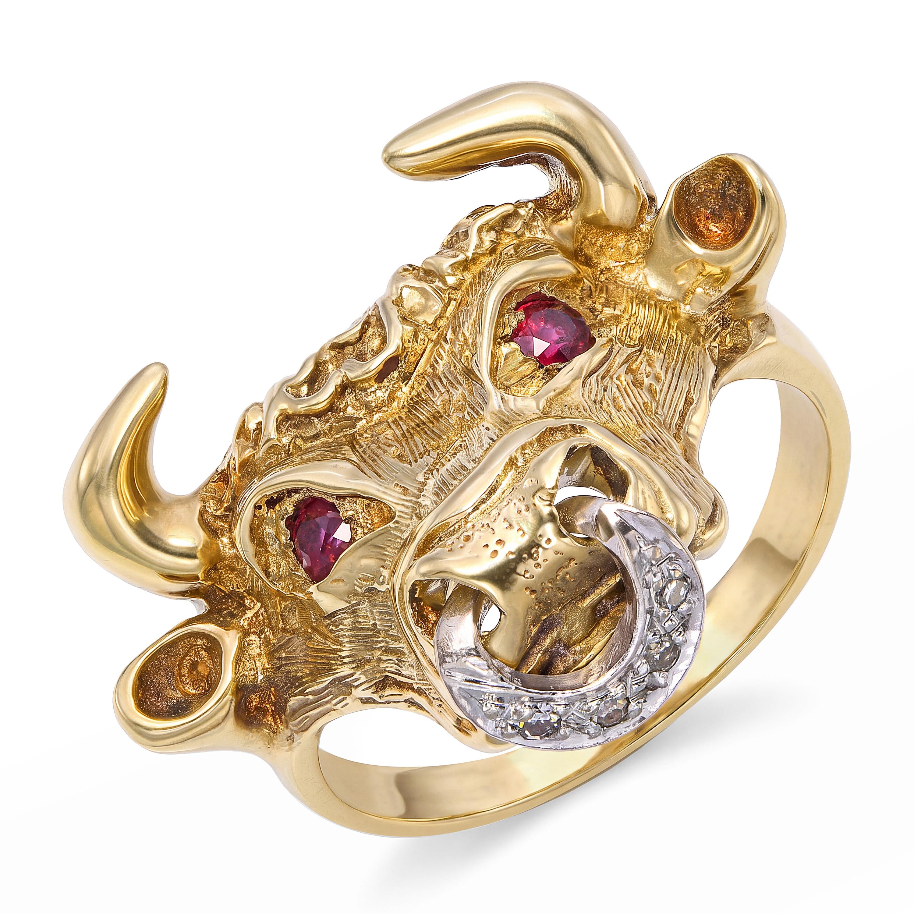 Vintage 14k Yellow Gold Bull With Ruby Eye and Diamond Ring