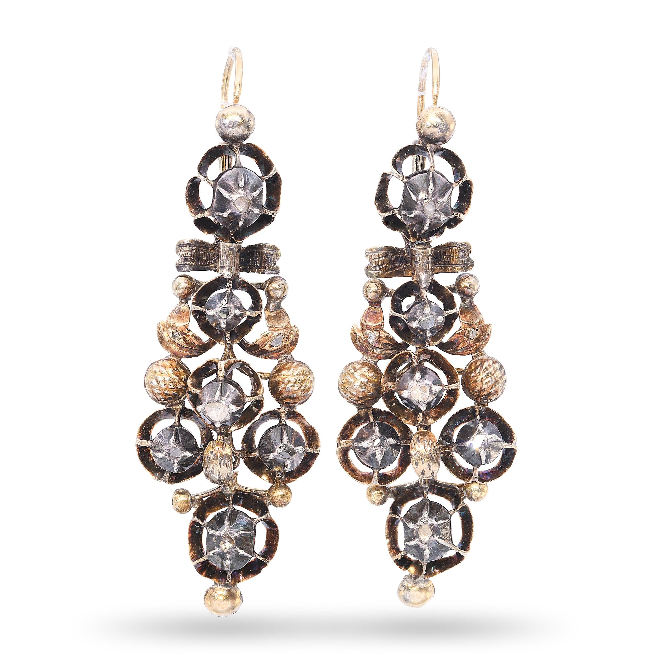 Antique Yellow Gold and Silver Georgian Rose Cut Diamond Earrings