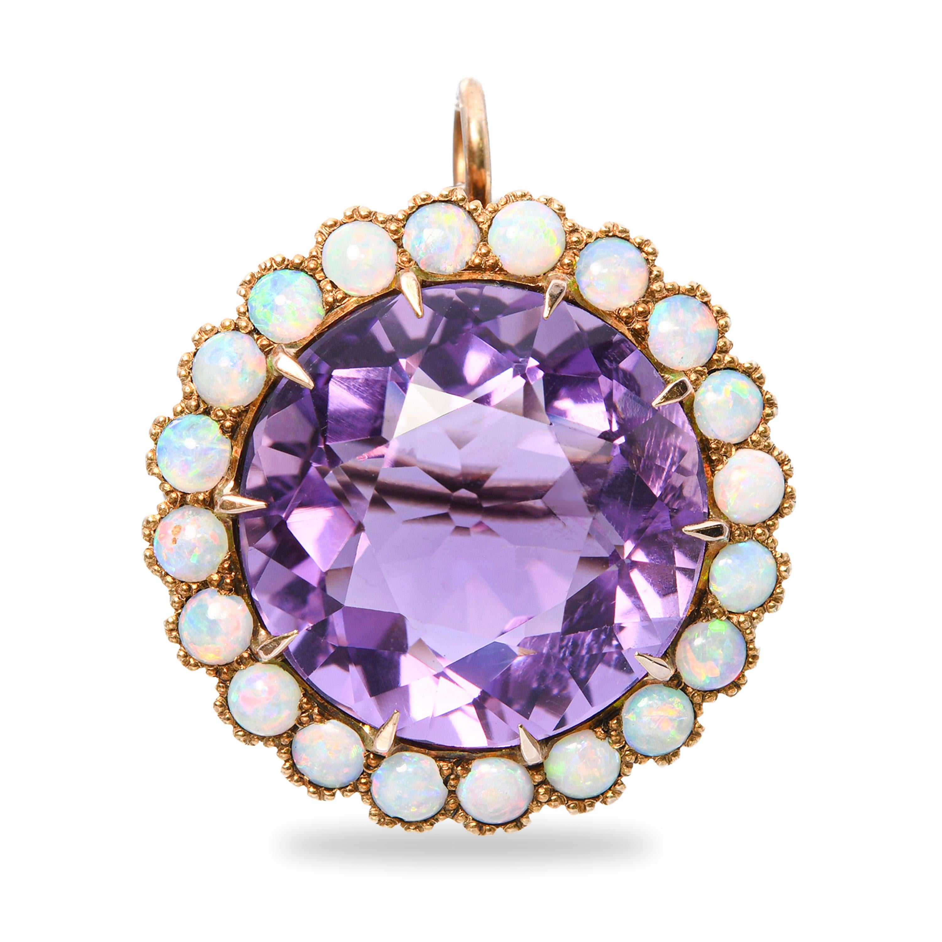 Victorian Yellow Gold 30.7ct Amethyst and Opal Pendant Brooch