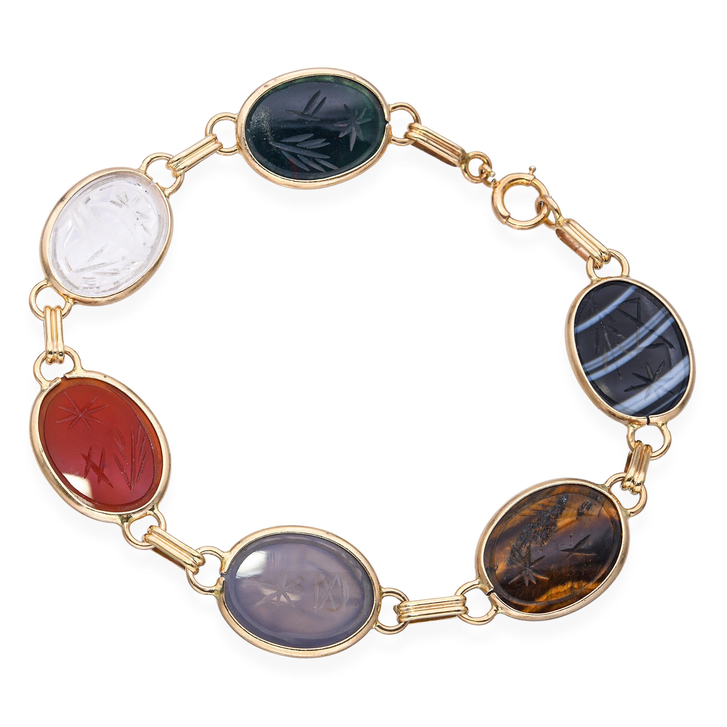 14k Yellow Gold Onyx Tigers Eye Chalcedony and Rock Crystal Scarab Bracelet