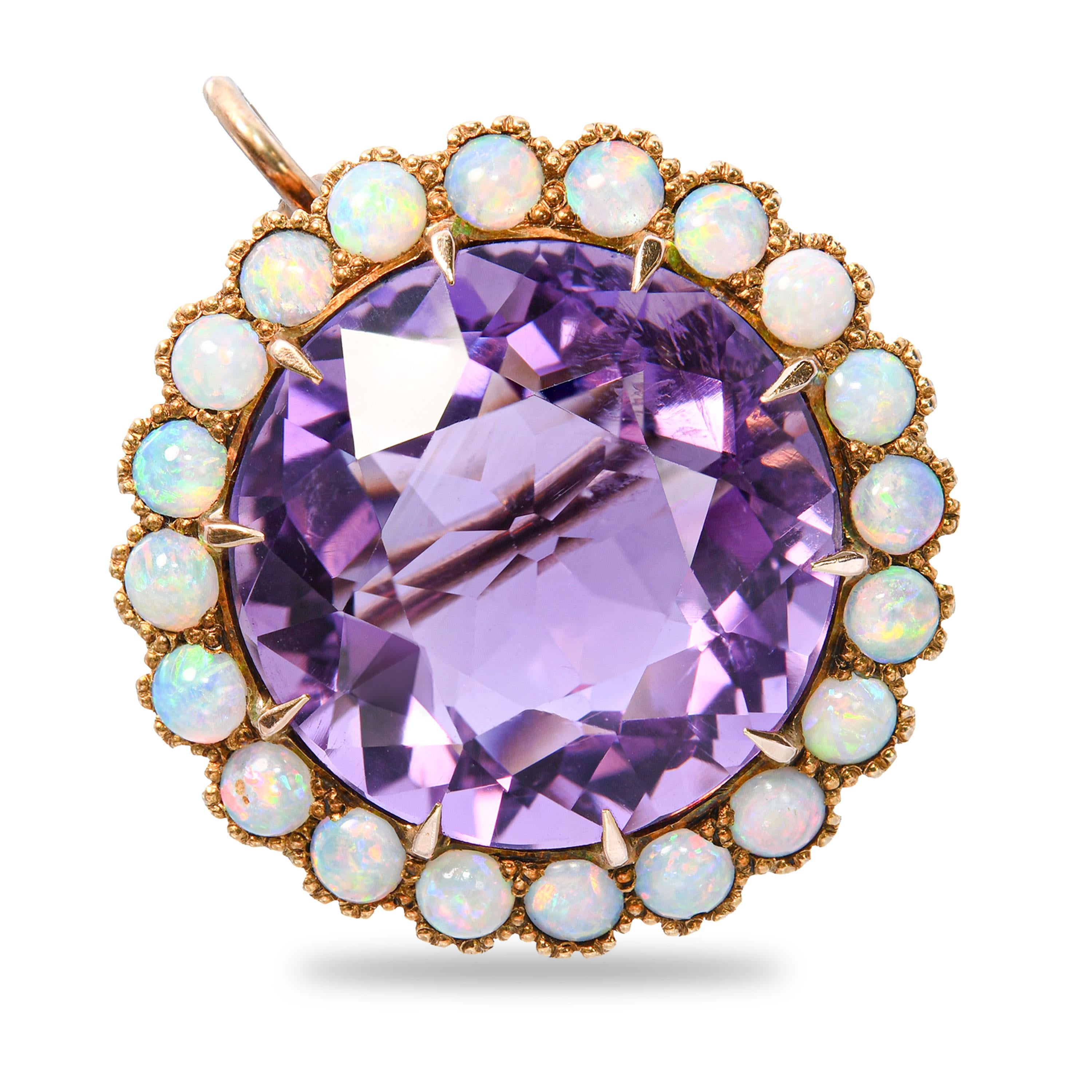 Victorian Yellow Gold 30.7ct Amethyst and Opal Pendant Brooch